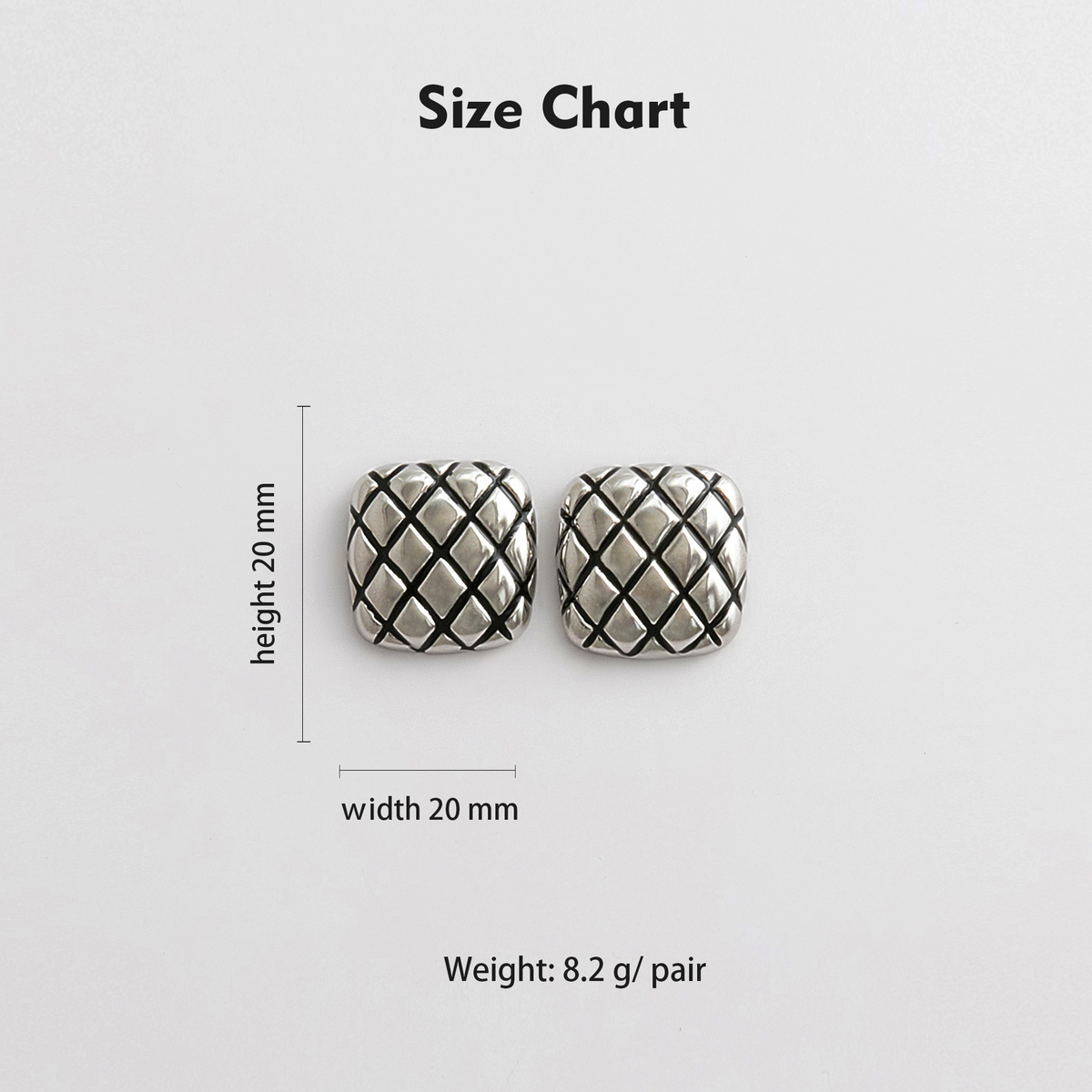 Size chart showing 20mm height, 20mm width, 8.2g per pair