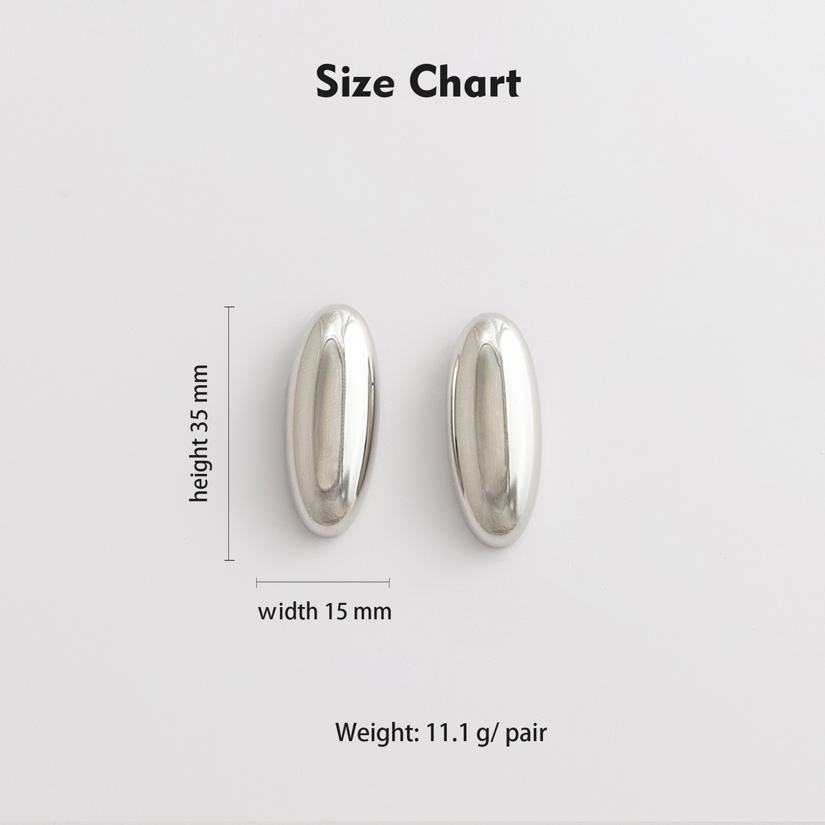 Size chart showing 35mm height, 15mm width, 11.1g per pair