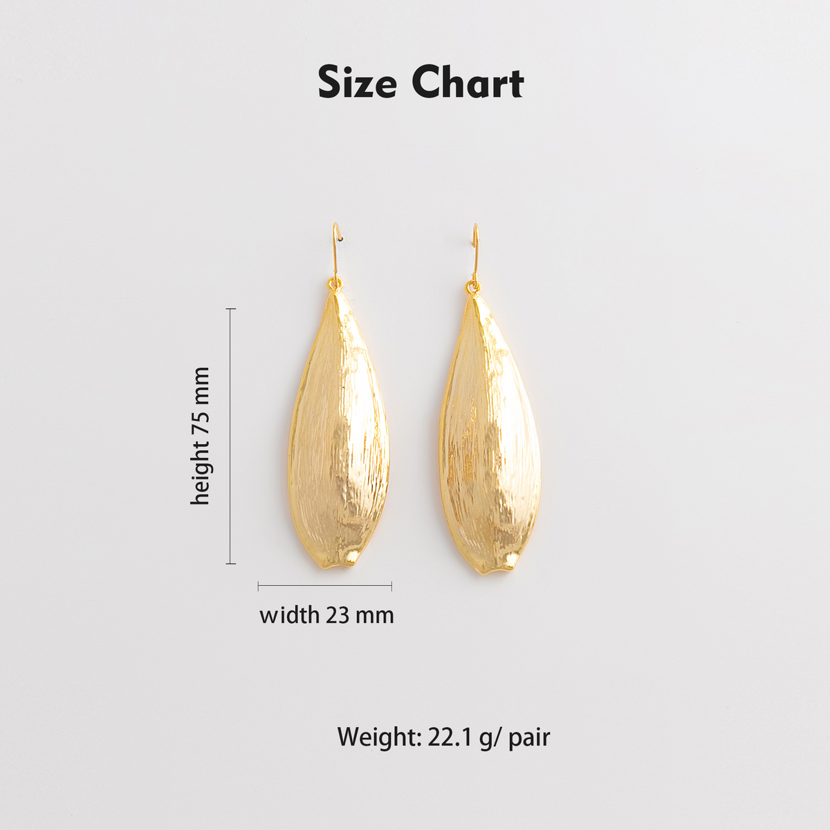 Size chart showing 75mm height, 23mm width, 22.1g per pair