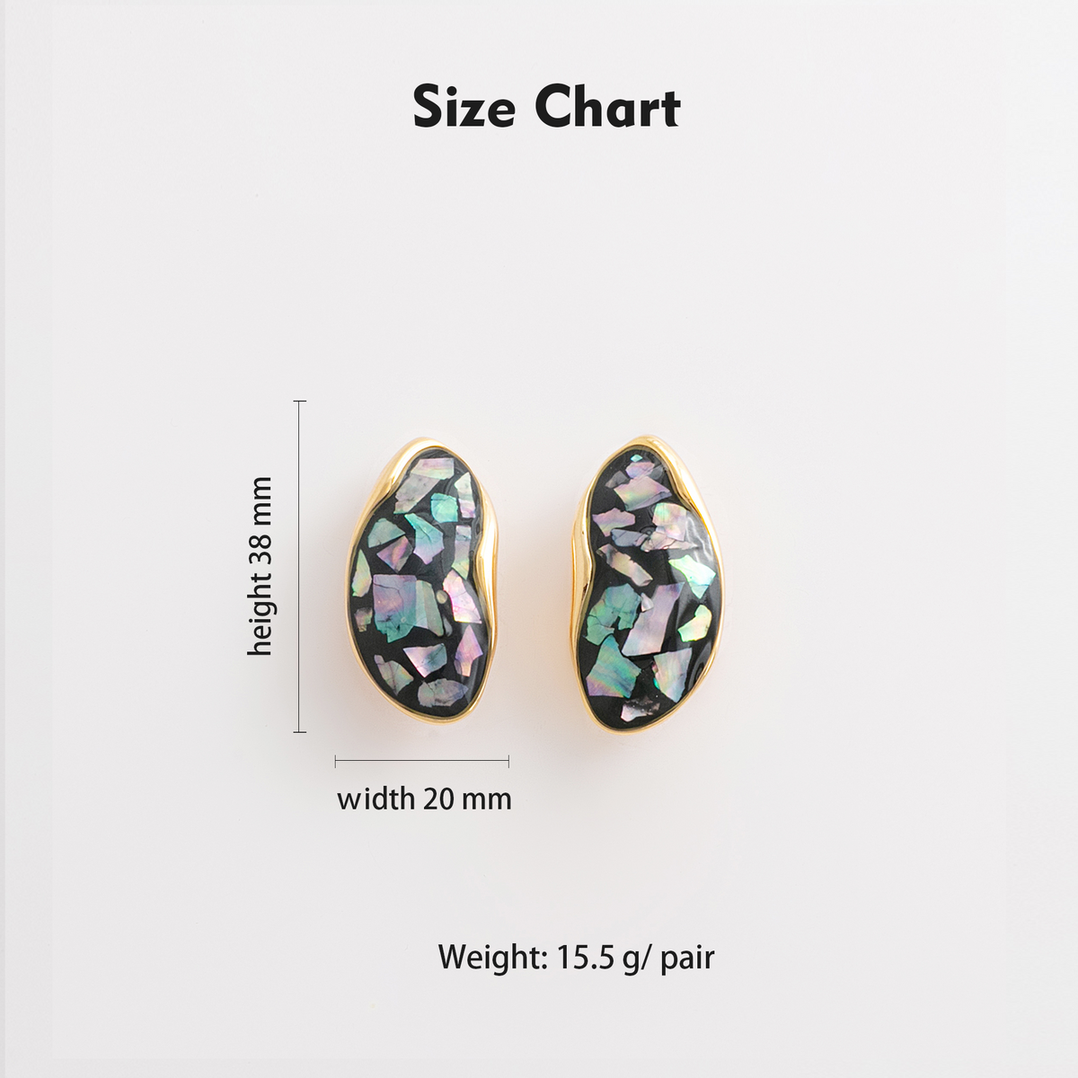 Size chart showing 38mm height, 20mm width, 15.5g per pair