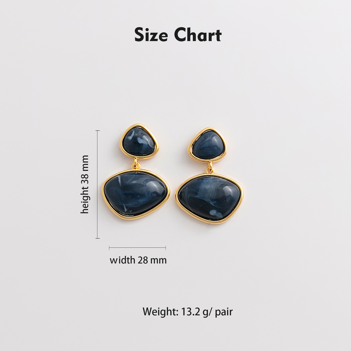 Size chart showing 38mm height, 28mm width, 13.2g per pair