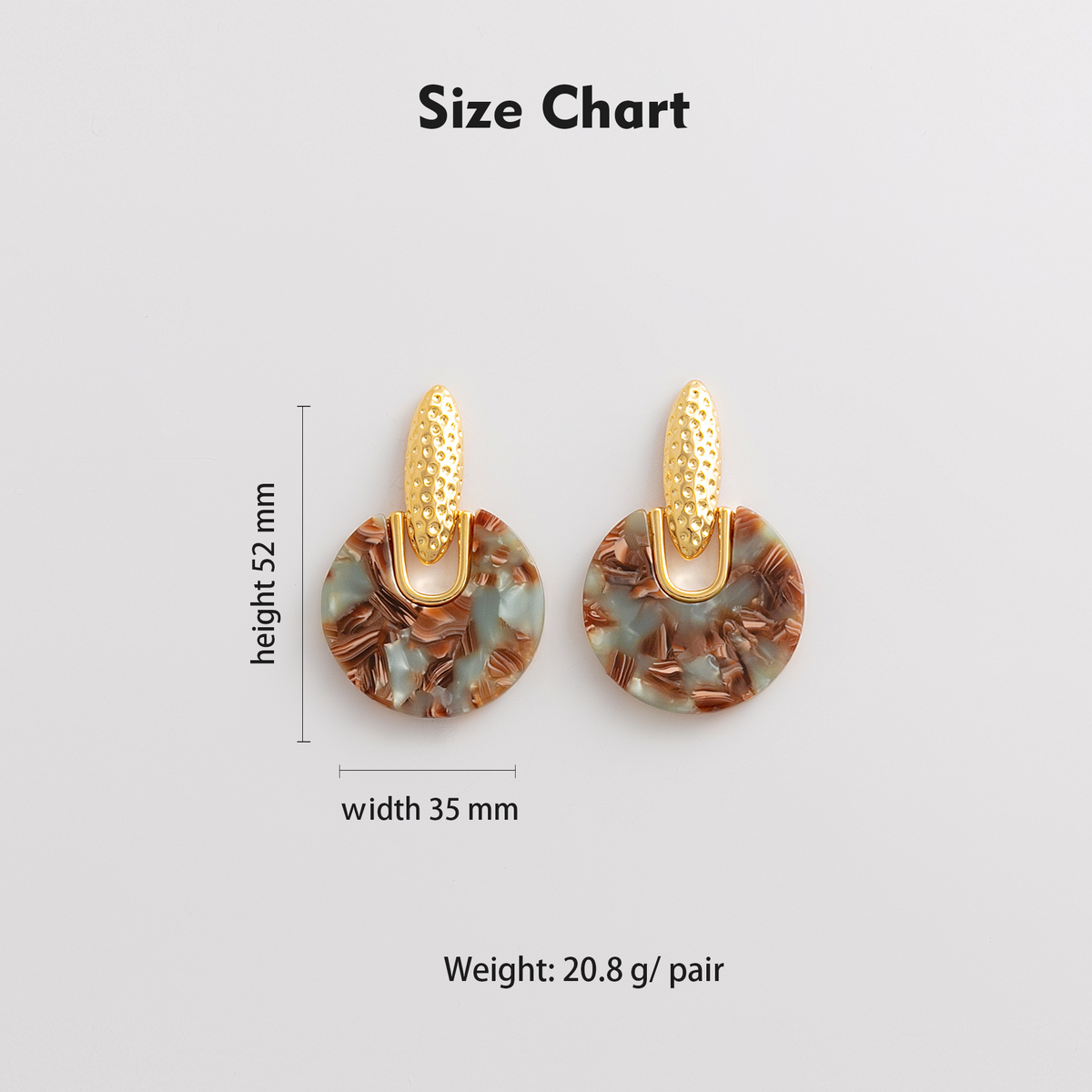 Size chart showing 52mm height, 35mm width, 20.8g per pair