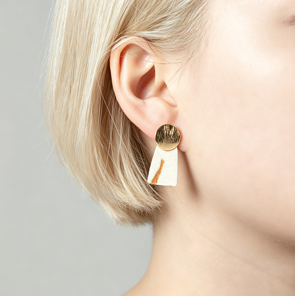 Artisan Nerikomi Ceramic Earrings – Gold Lined Circle Stud, White Trapezoid Drop