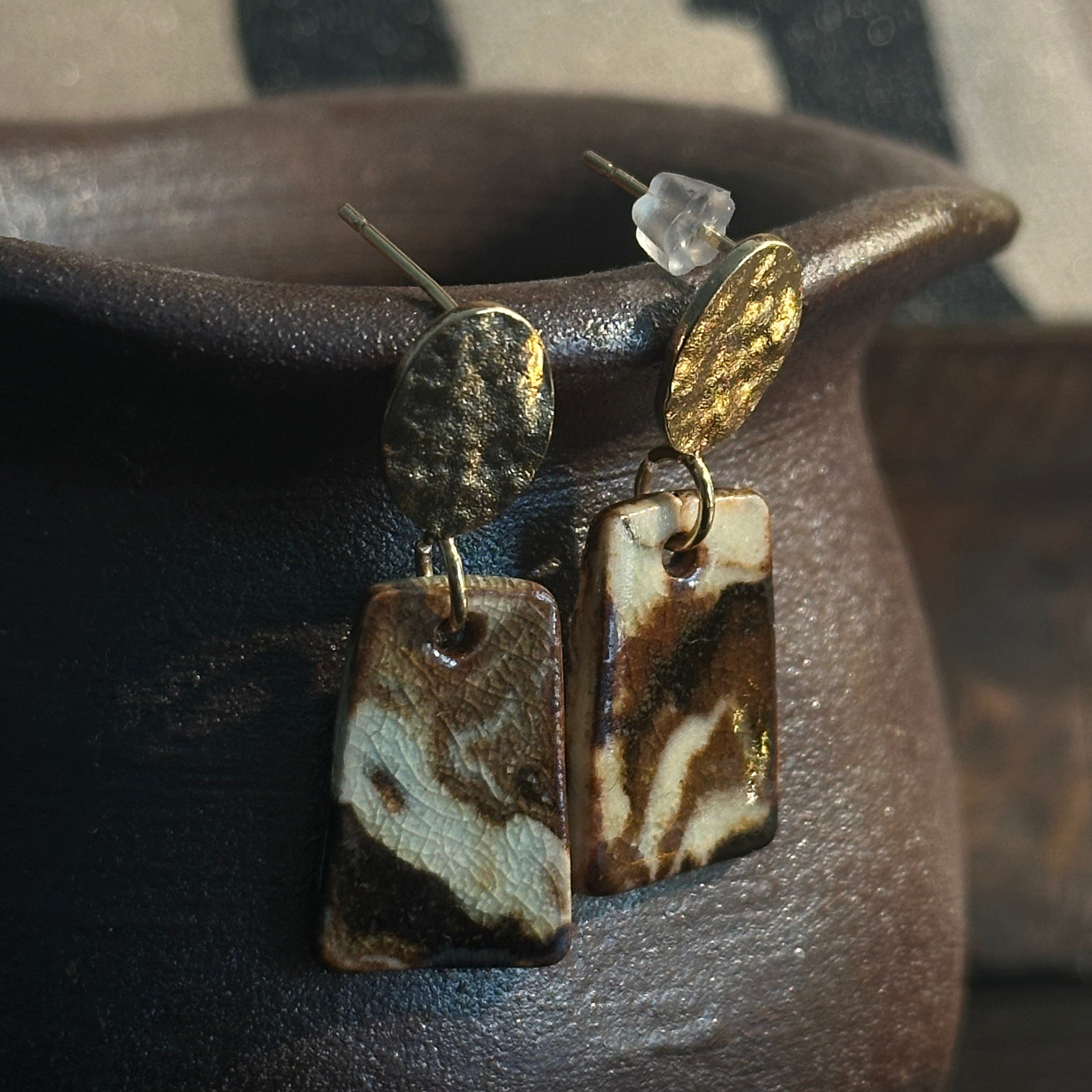 Artisan Nerikomi Ceramic Earrings – Gold Hammered Oval Stud, Rectangle Drop