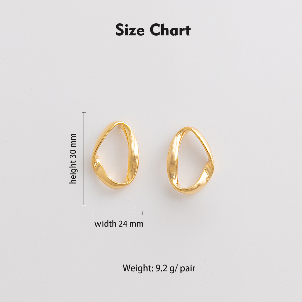 Size chart showing 30mm height, 24mm width, 9.2g per pair
