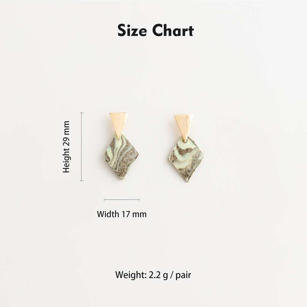 Artisan Nerikomi Ceramic Earrings – Gold Triangle Stud, Sage Diamond Drop