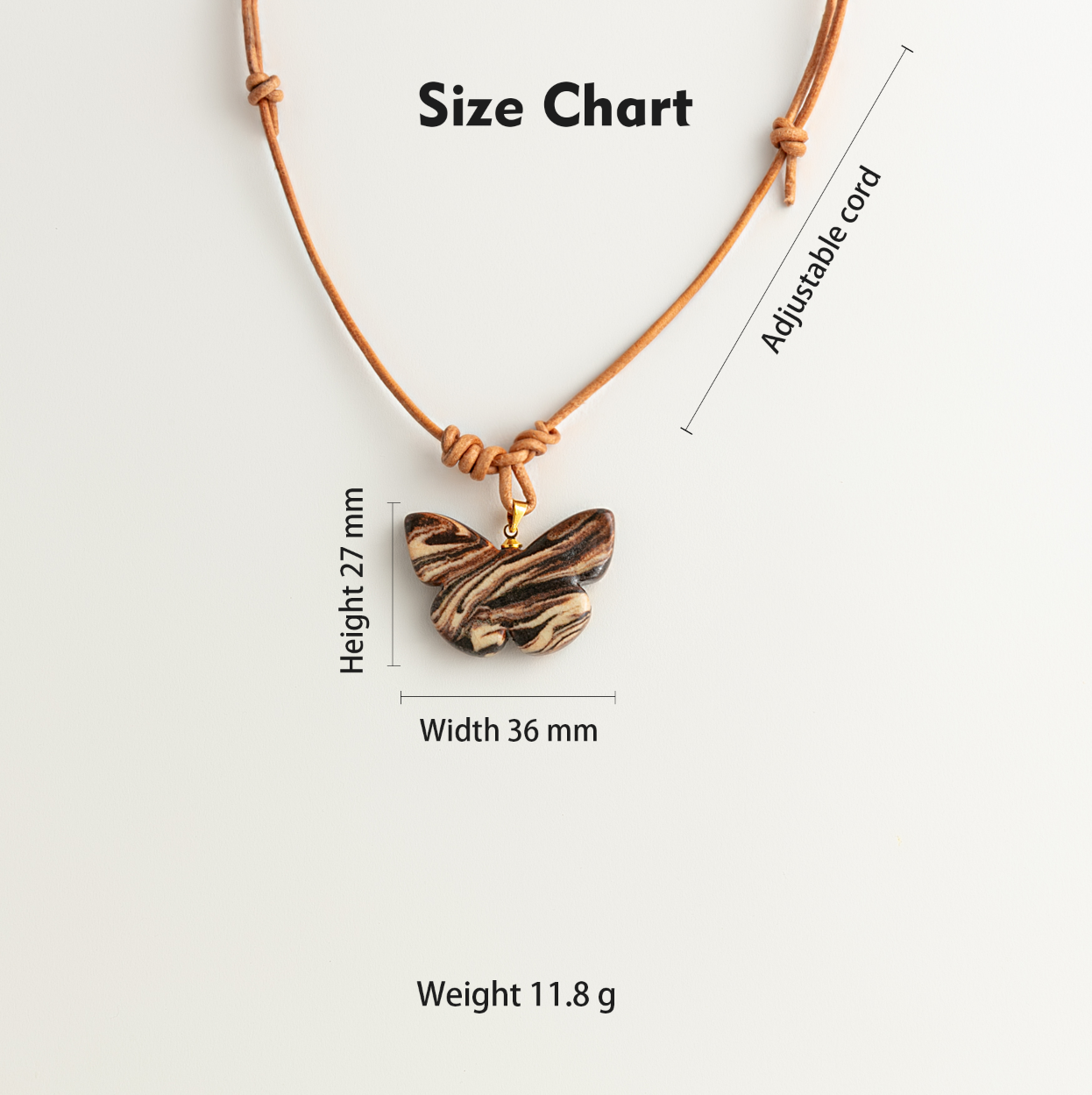 Artisan Nerikomi Ceramic Butterfly Necklace – Fine Wood Grain, Adjustable Leather Cord