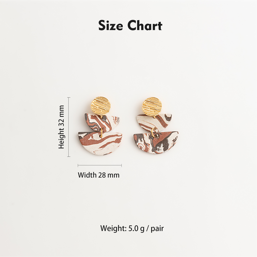 Artisan Nerikomi Ceramic Earrings – Gold Lined Circle Stud, Double Half-Moon Drop
