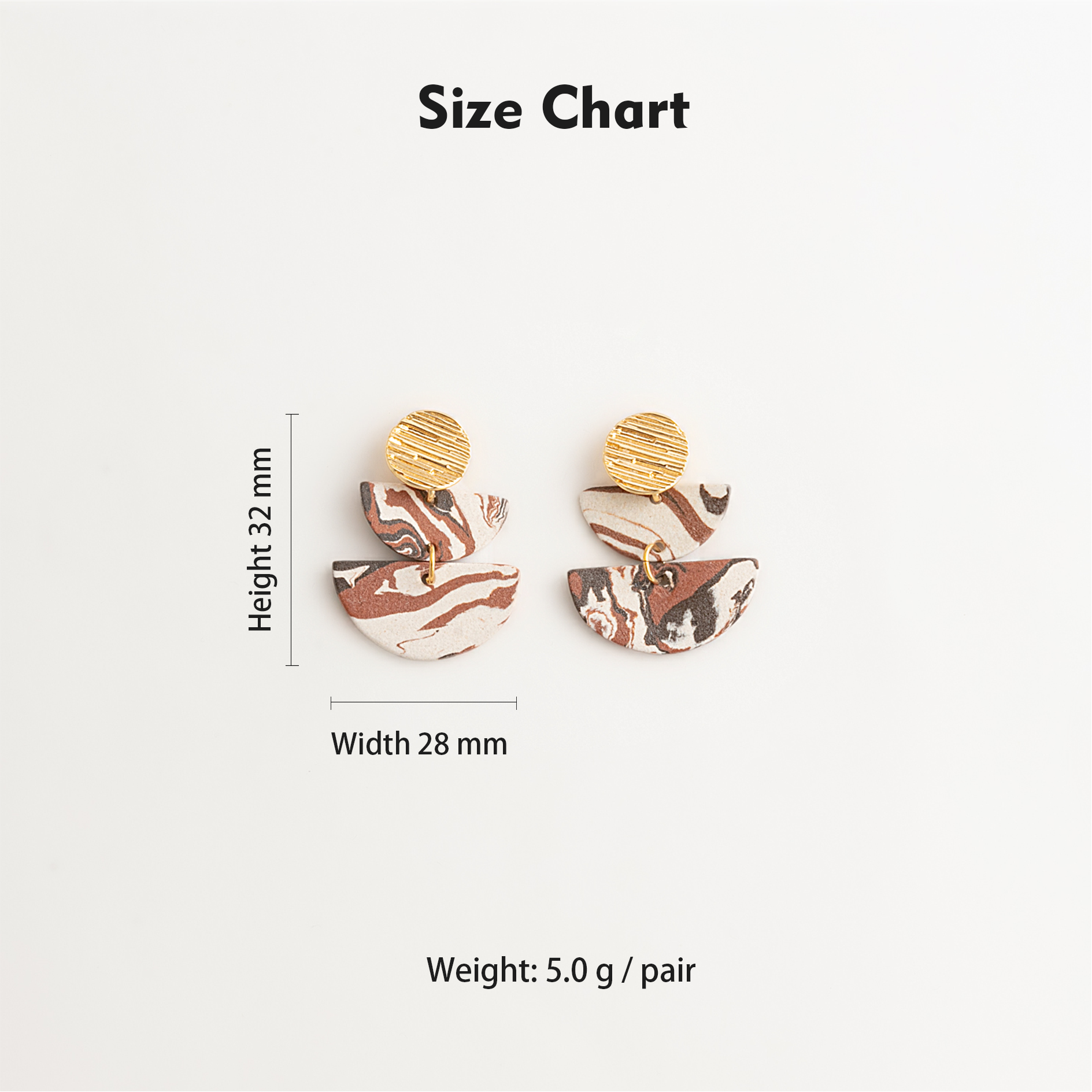 Artisan Nerikomi Ceramic Earrings – Gold Lined Circle Stud, Double Half-Moon Drop