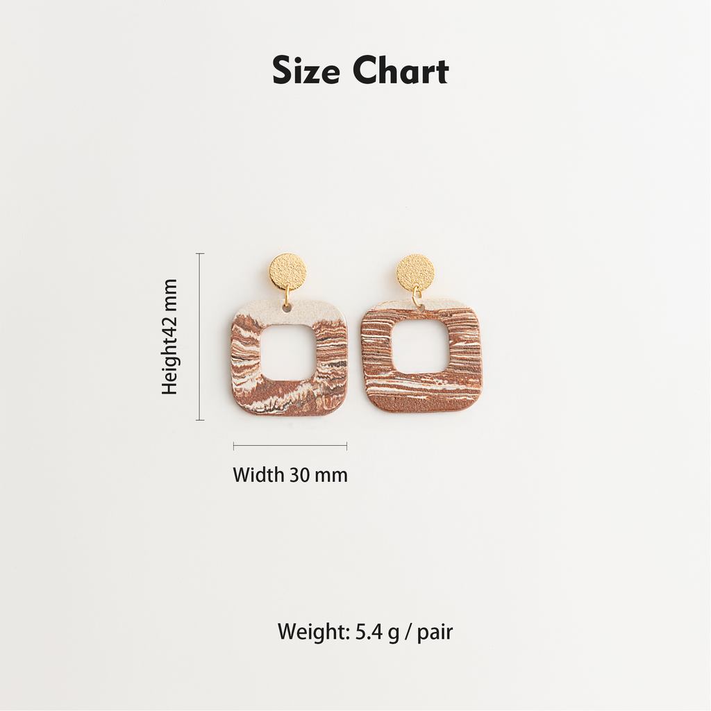 Artisan Nerikomi Ceramic Earrings – Gold Matte Circle Stud, Open Square Drop