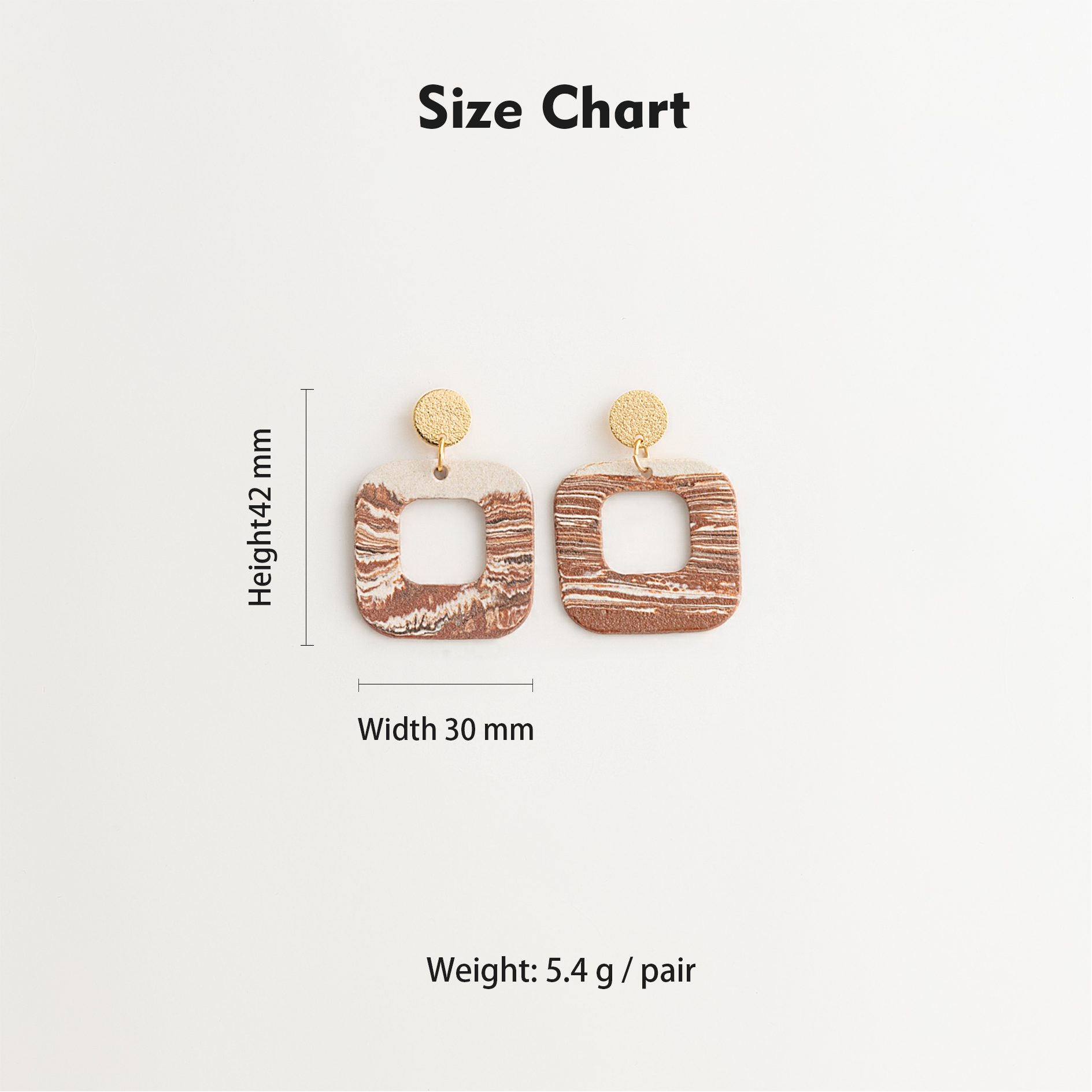 Artisan Nerikomi Ceramic Earrings – Gold Matte Circle Stud, Open Square Drop