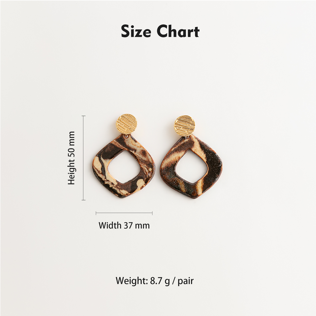 Artisan Nerikomi Ceramic Earrings – Gold Lined Circle Stud, Open Organic Diamond Drop