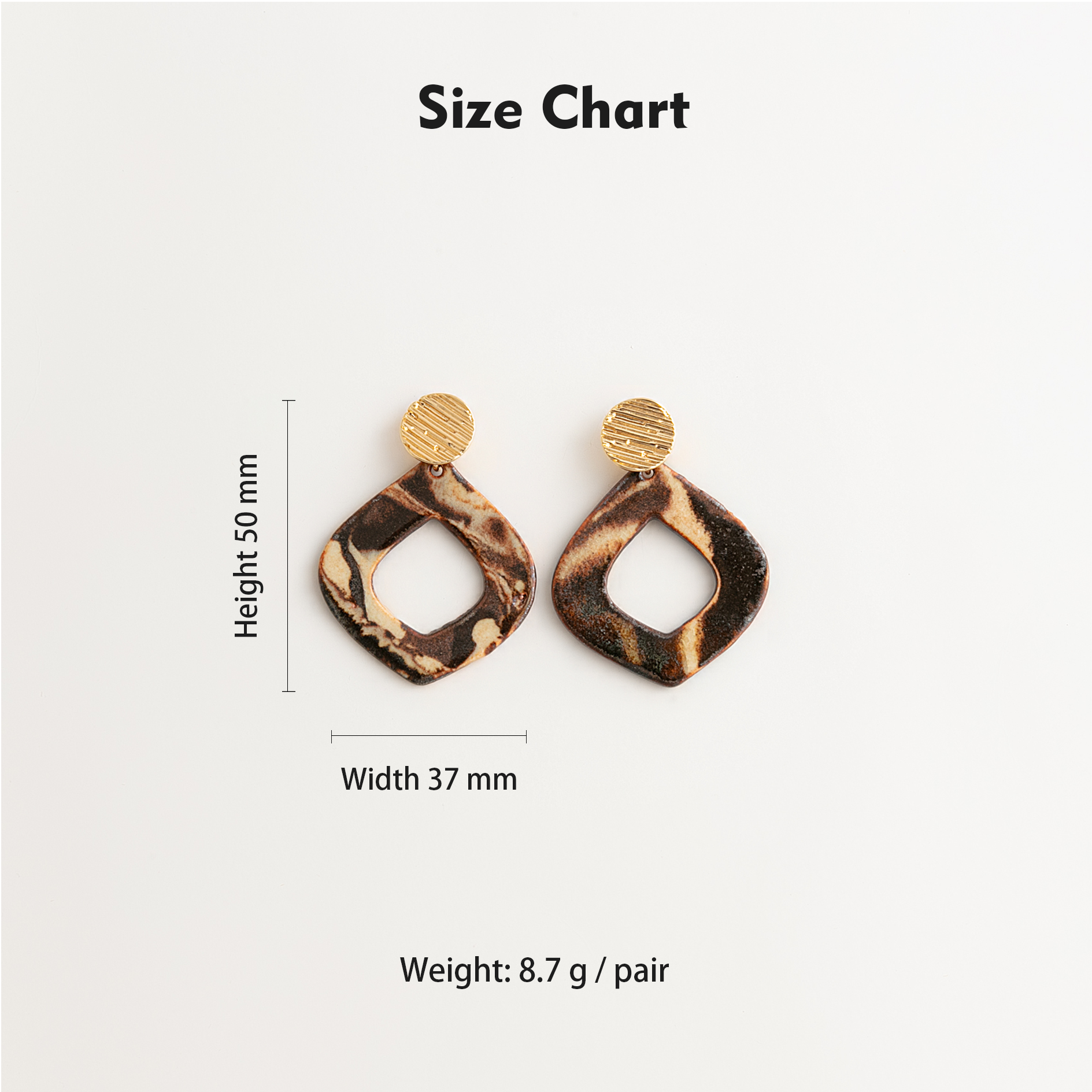 Artisan Nerikomi Ceramic Earrings – Gold Lined Circle Stud, Open Organic Diamond Drop
