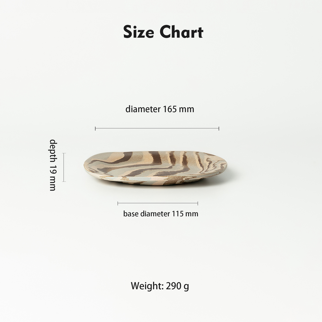 Handcrafted Nerikomi ceramic shallow plate size chart showing 165mm diameter, 19mm depth, 115mm base diameter, 290g weight