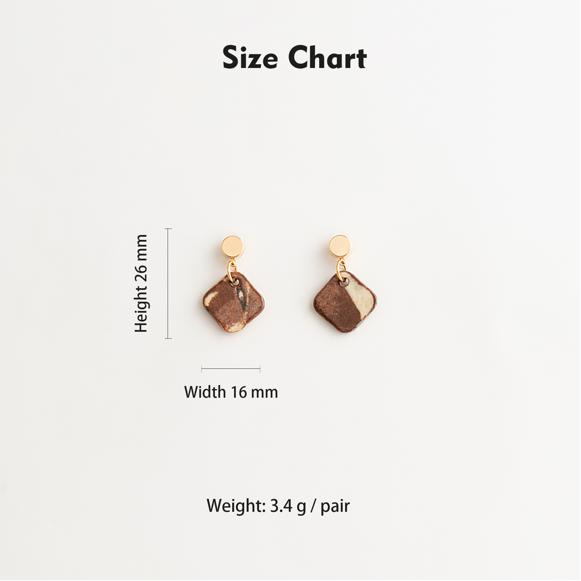 Artisan Nerikomi Ceramic Earrings – Gold Circle Stud, Brown Diamond Drop