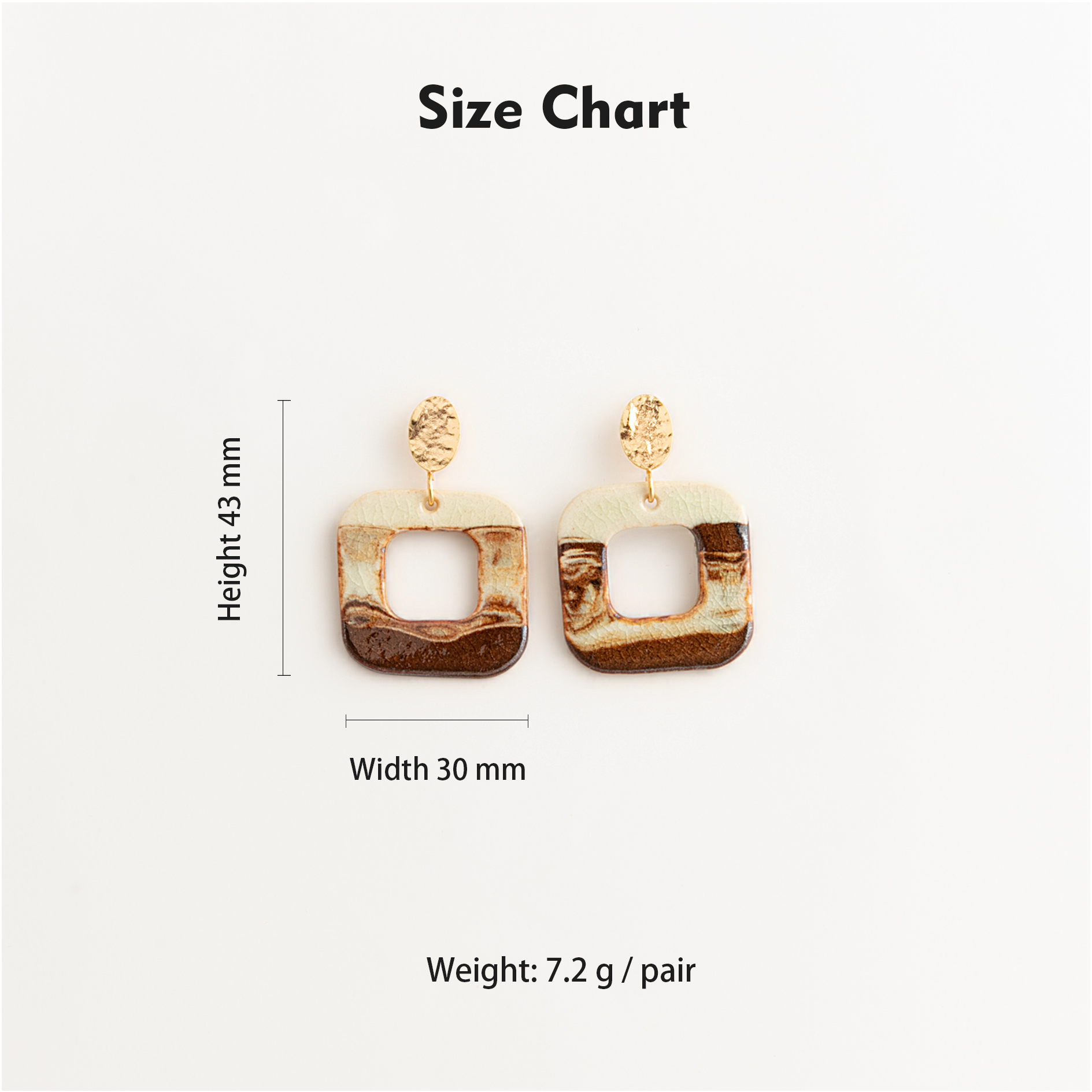 Artisan Nerikomi Ceramic Earrings – Gold Hammered Oval Stud, Open Square Drop