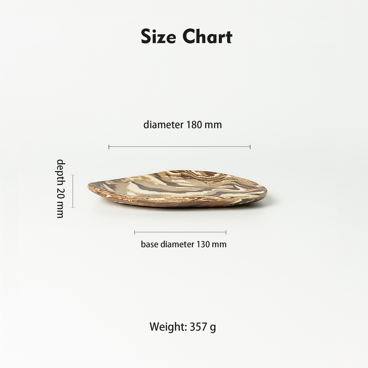 Handcrafted Nerikomi ceramic oval tray size chart showing 180mm diameter, 20mm depth, 130mm base diameter, 357g weight
