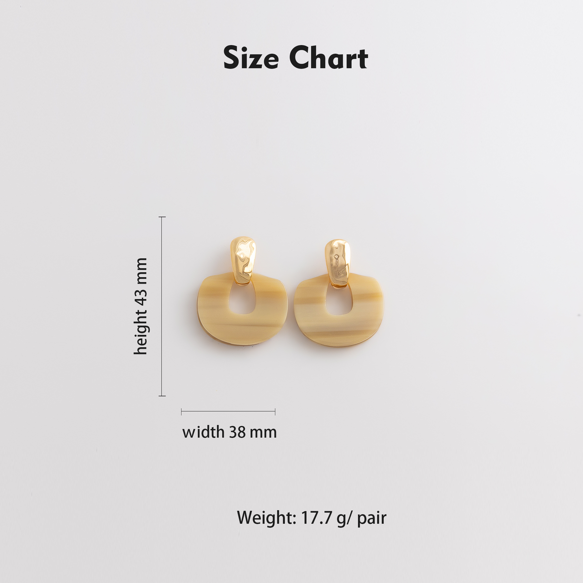 Size chart showing 43mm height, 38mm width, 17.7g per pair