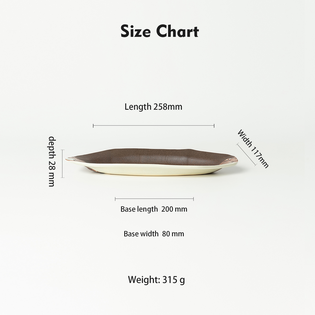 Handcrafted Nerikomi ceramic leaf-shaped plate size chart showing 258mm length, 117mm width, 28mm depth, 200x80mm base, 315g weight