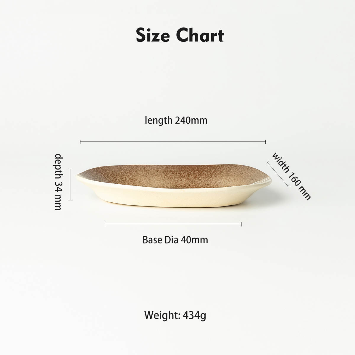 Handcrafted Nerikomi ceramic dinner plate size chart showing 240mm length, 160mm width, 34mm depth, 40mm base diameter, 434g weight