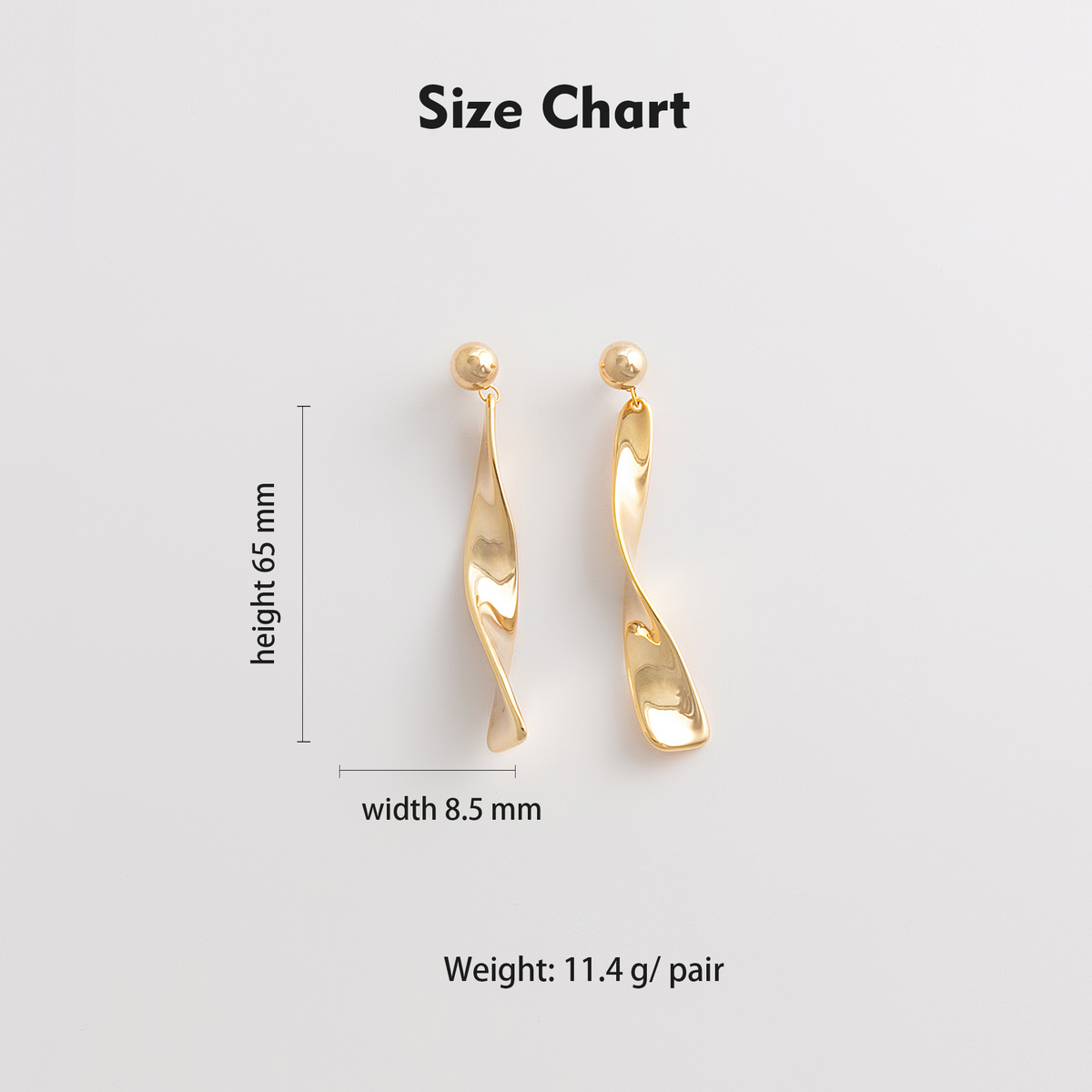 Size chart showing 65mm height, 8.5mm width, 11.4g per pair