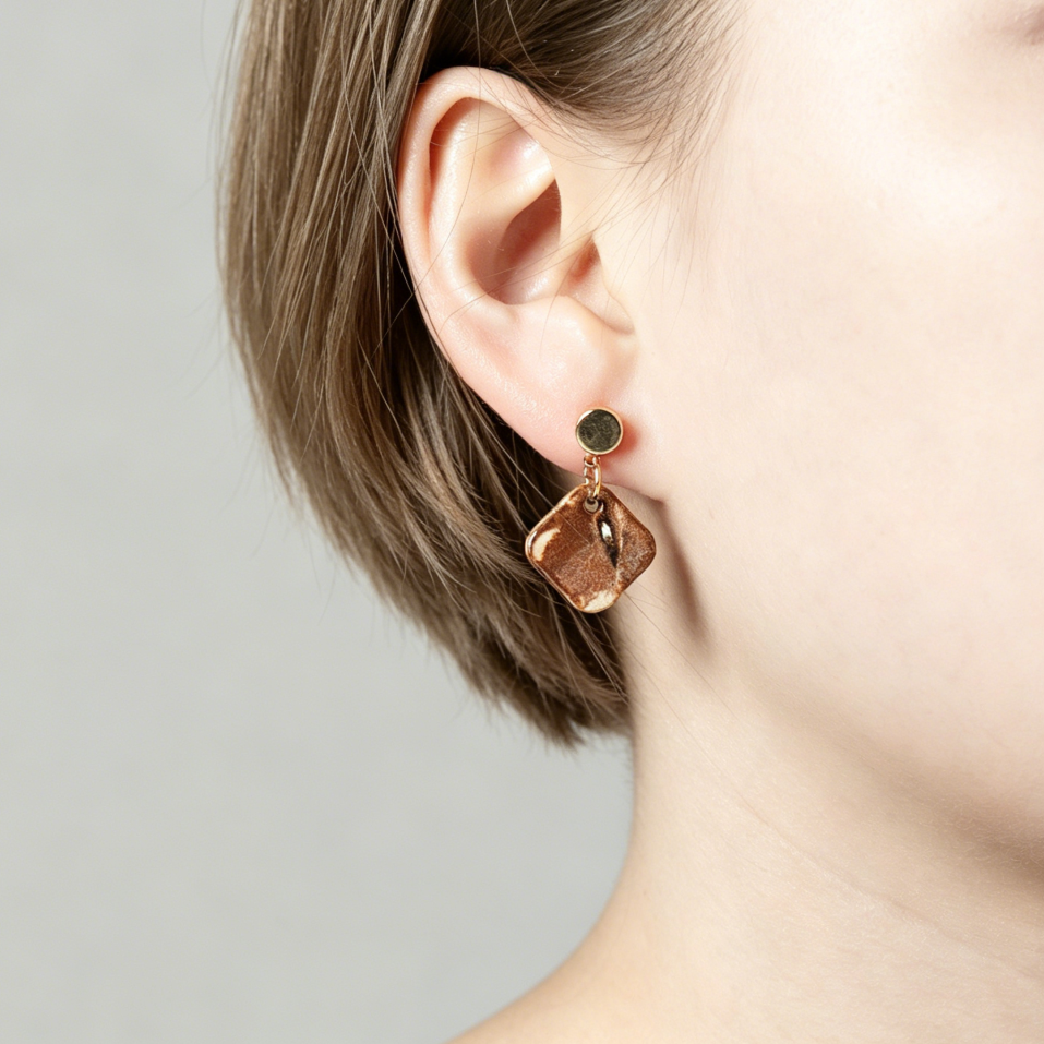Artisan Nerikomi Ceramic Earrings – Gold Circle Stud, Brown Diamond Drop