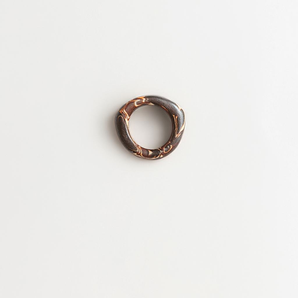 Artisan Nerikomi Ceramic Ring – Ink & Ivory Flow, Sculptural Band