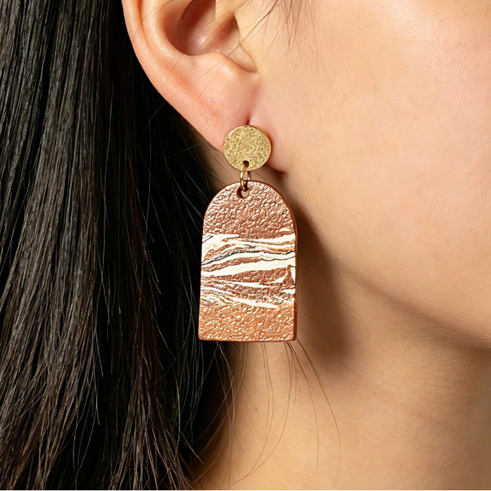 Artisan Nerikomi Ceramic Earrings – Gold Matte Circle Stud, Solid Arch Drop
