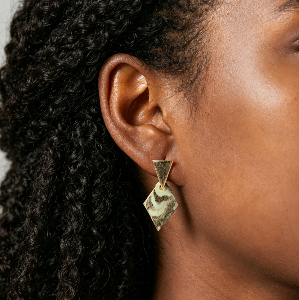 Artisan Nerikomi Ceramic Earrings – Gold Triangle Stud, Sage Diamond Drop