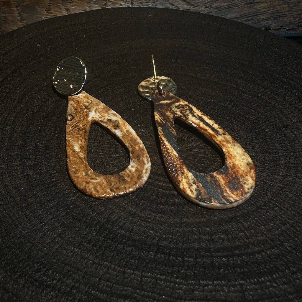 Artisan Nerikomi Ceramic Earrings – Gold Lined Circle Stud, Open Teardrop Drop