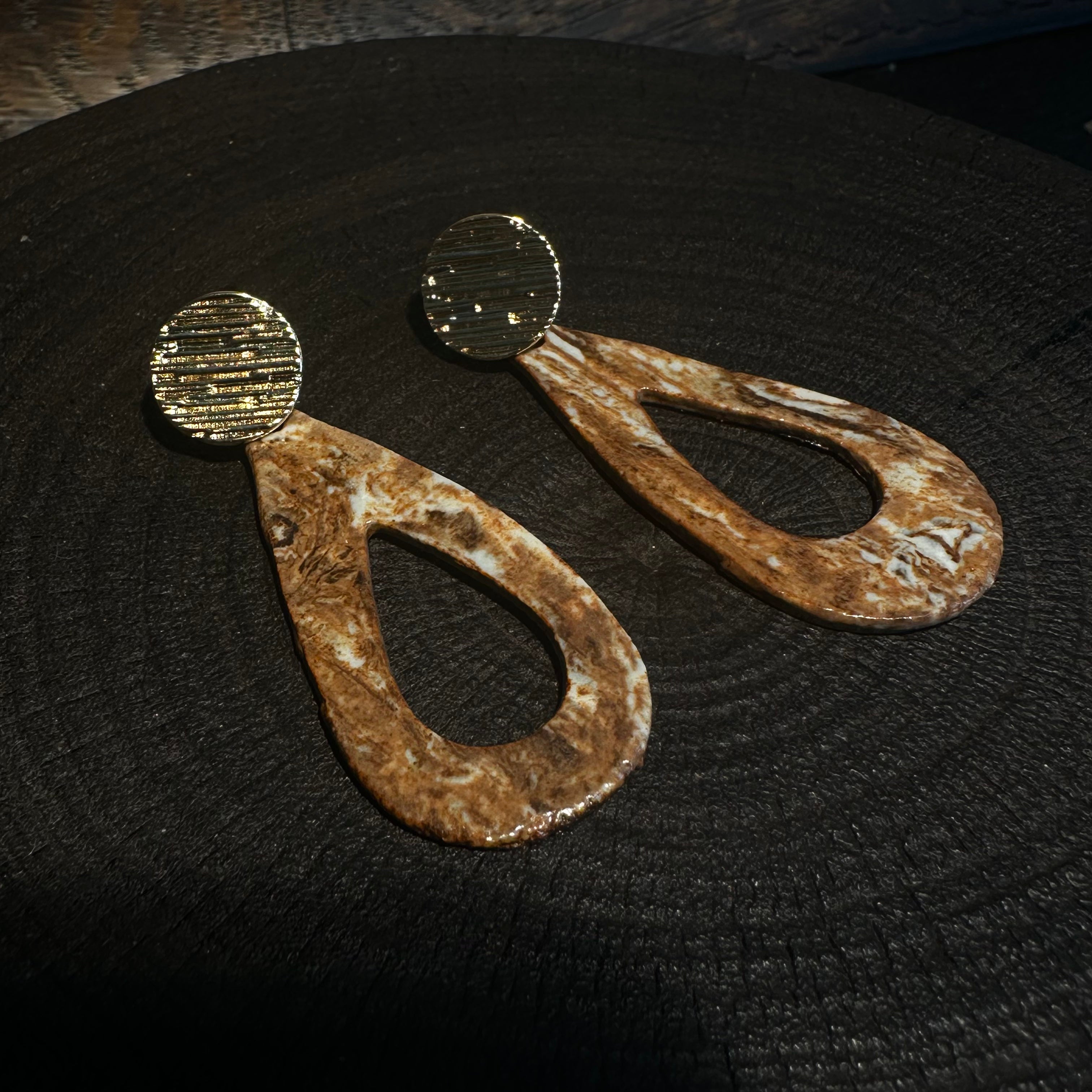 Artisan Nerikomi Ceramic Earrings – Gold Lined Circle Stud, Open Teardrop Drop