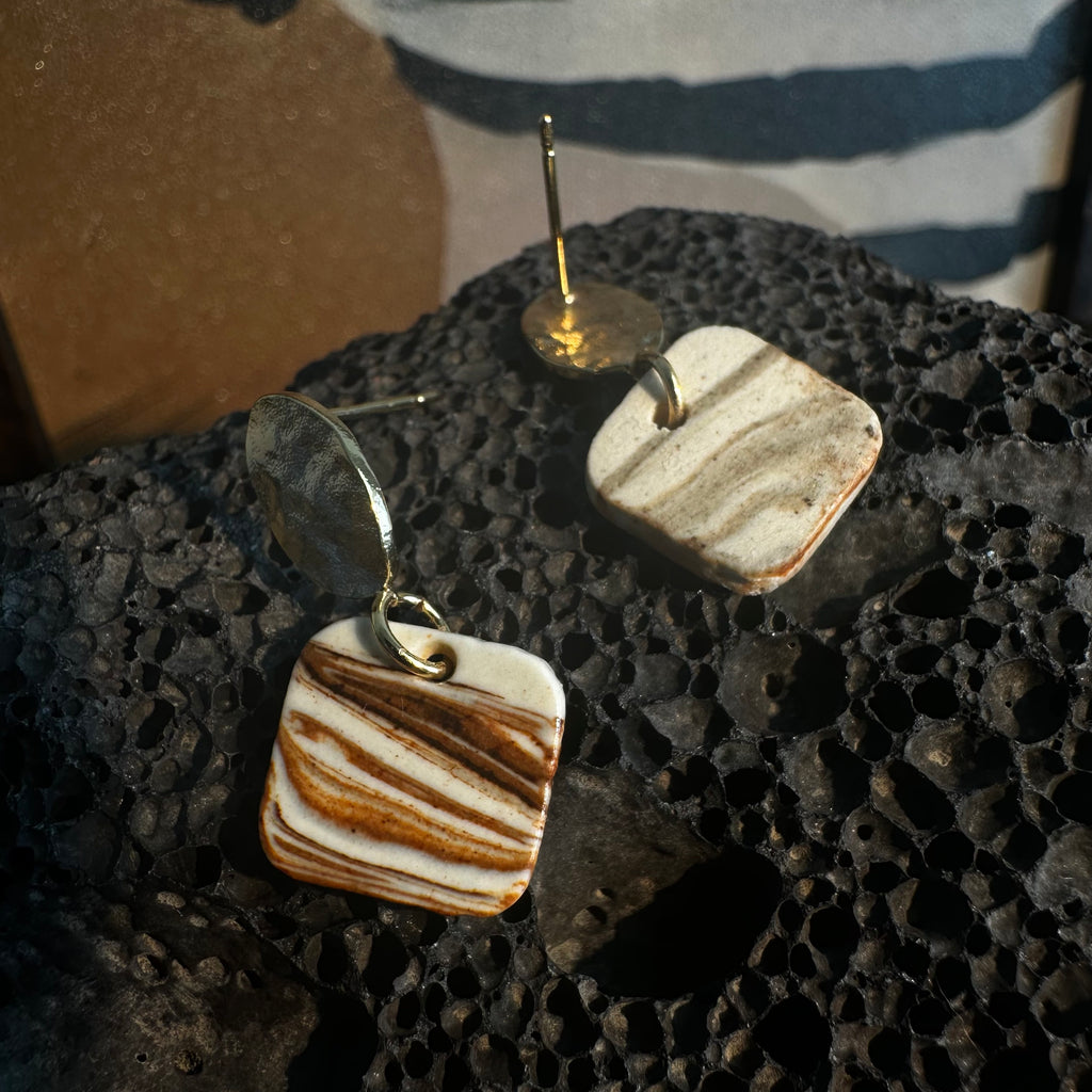 Artisan Nerikomi Ceramic Earrings – Gold Hammered Oval Stud, Square Drop