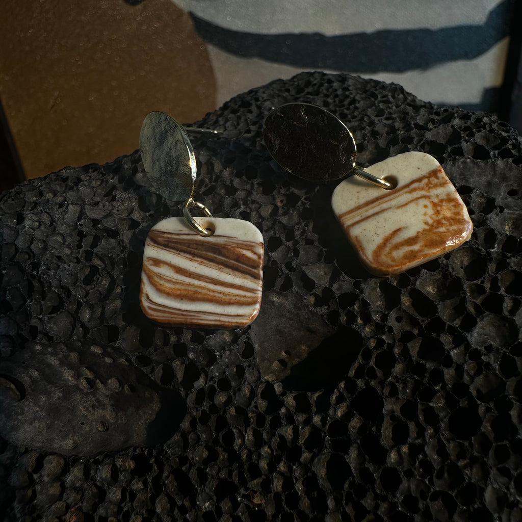 Artisan Nerikomi Ceramic Earrings – Gold Hammered Oval Stud, Square Drop