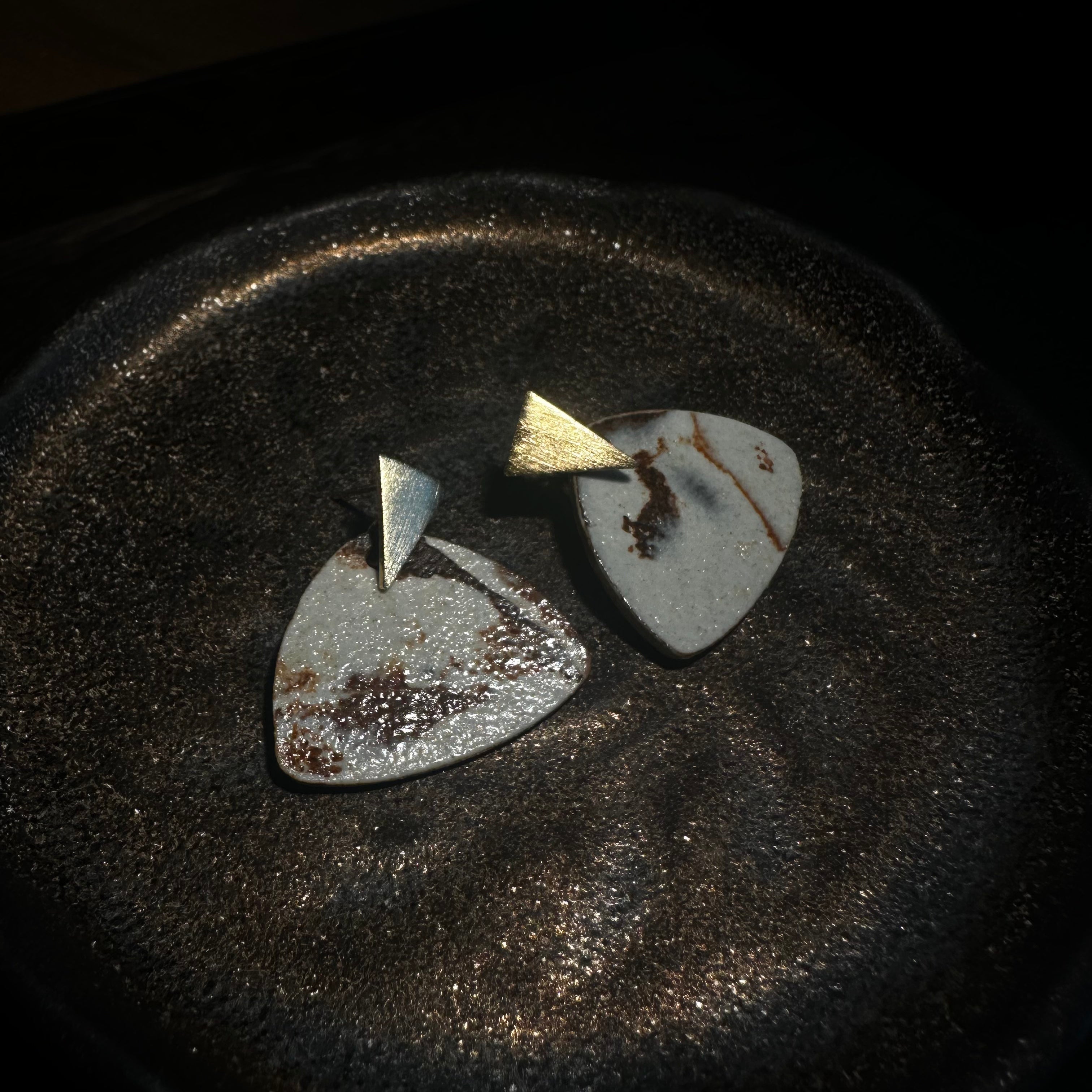 Artisan Nerikomi Ceramic Earrings – Gold Triangle Stud