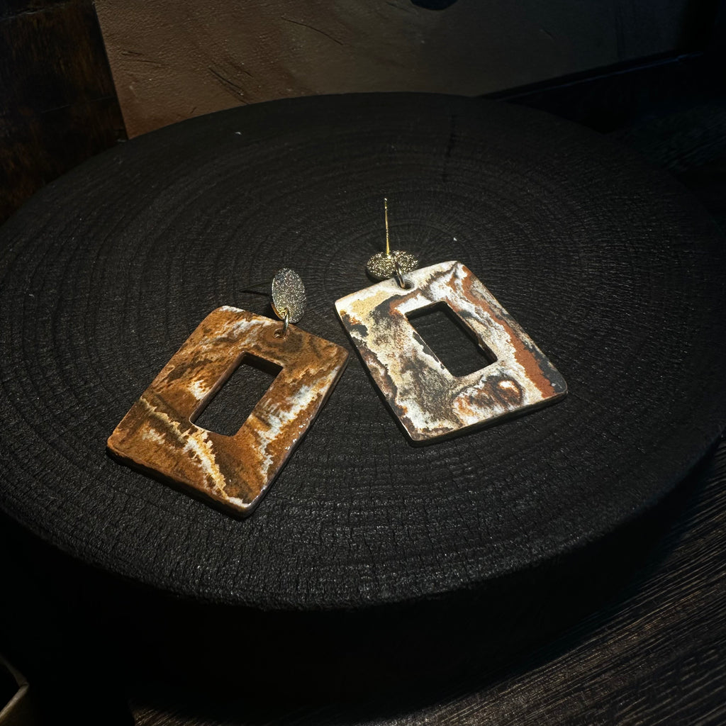 Artisan Nerikomi Ceramic Earrings – Gold Matte Circle Stud, Open Rectangle Drop