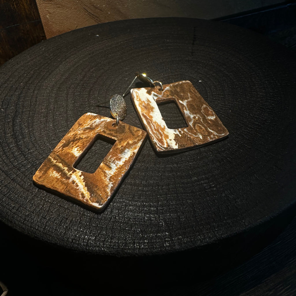 Artisan Nerikomi Ceramic Earrings – Gold Matte Circle Stud, Open Rectangle Drop
