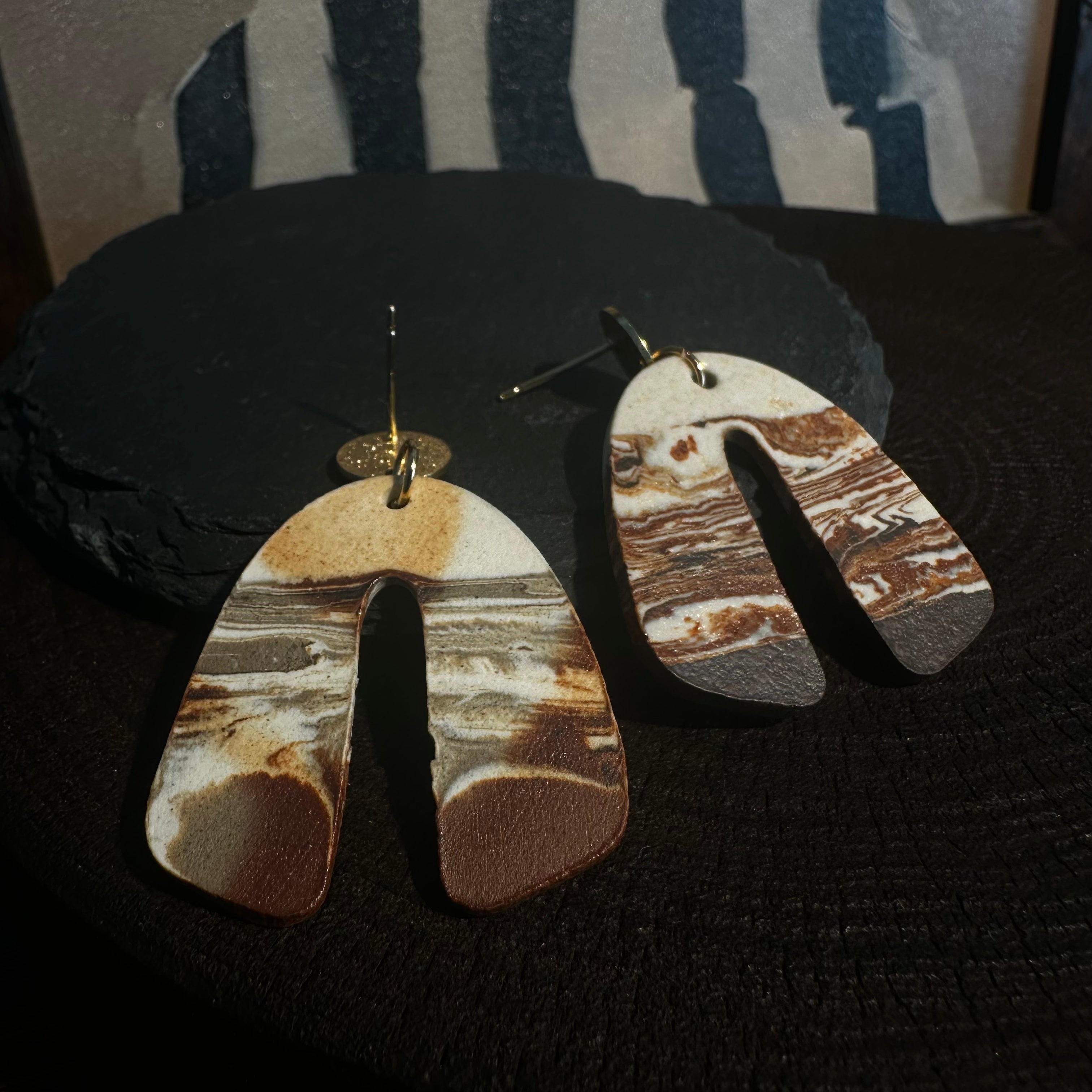 Artisan Nerikomi Ceramic Earrings – Gold Matte Circle Stud, Wide Open Arch Drop