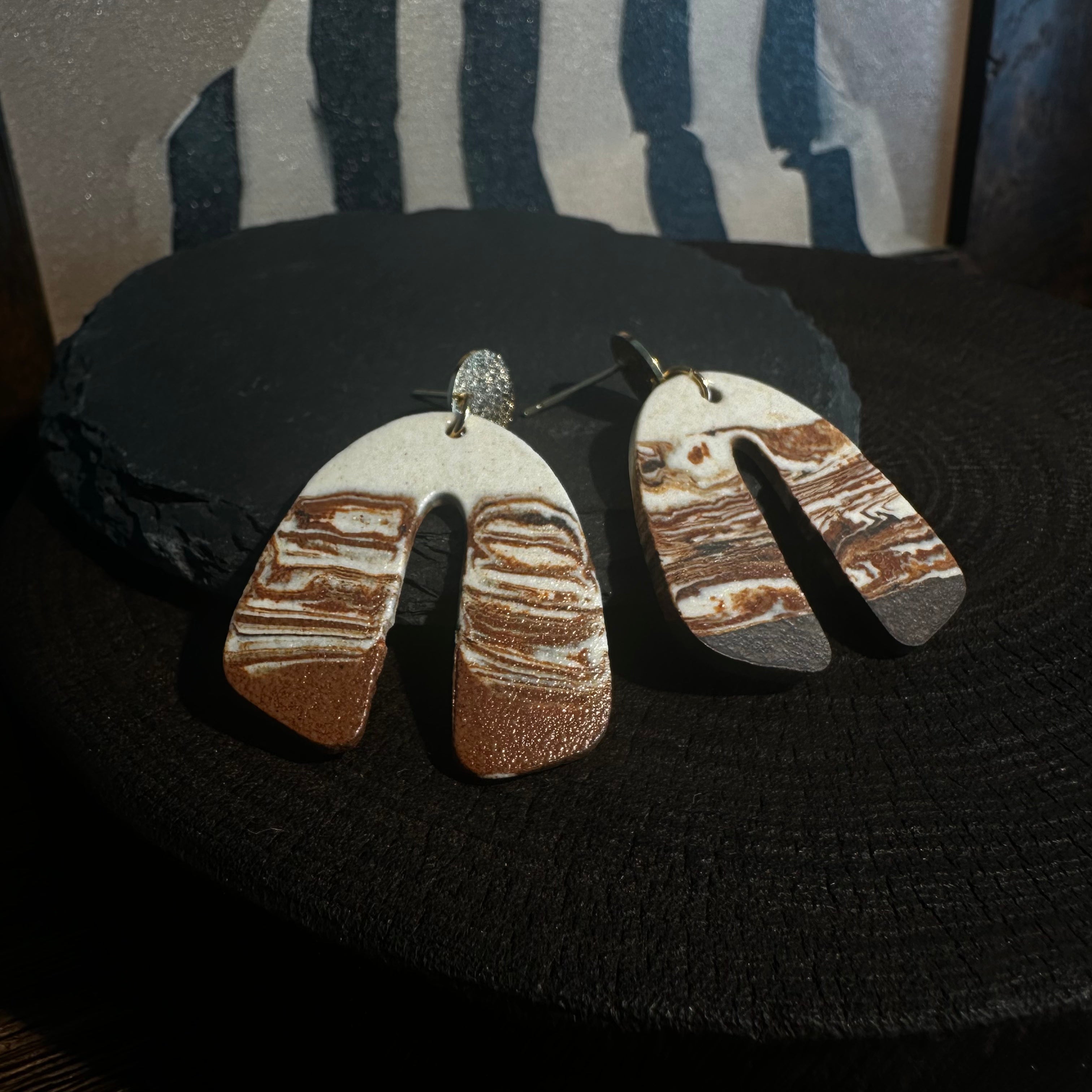 Artisan Nerikomi Ceramic Earrings – Gold Matte Circle Stud, Wide Open Arch Drop