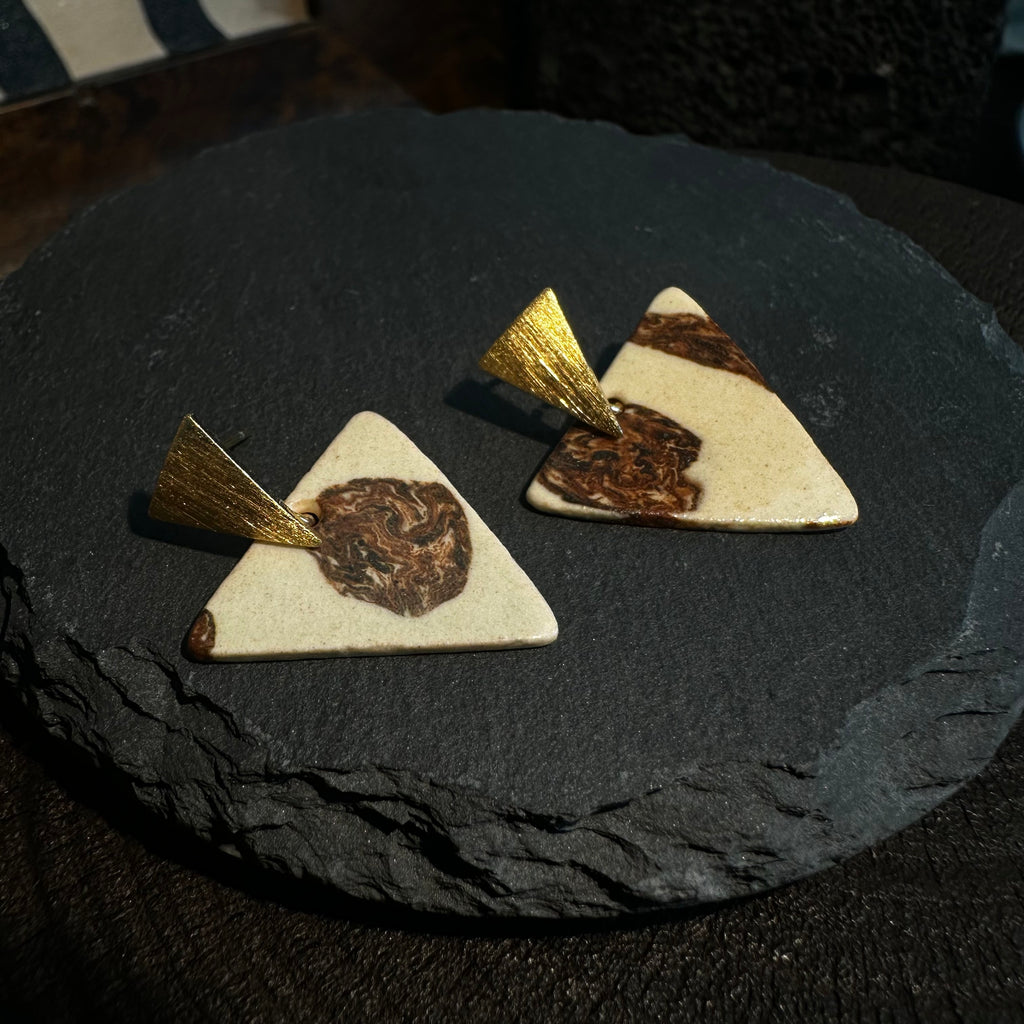 Triangle Nerikomi Ceramic Earrings – Rose Gold Marble