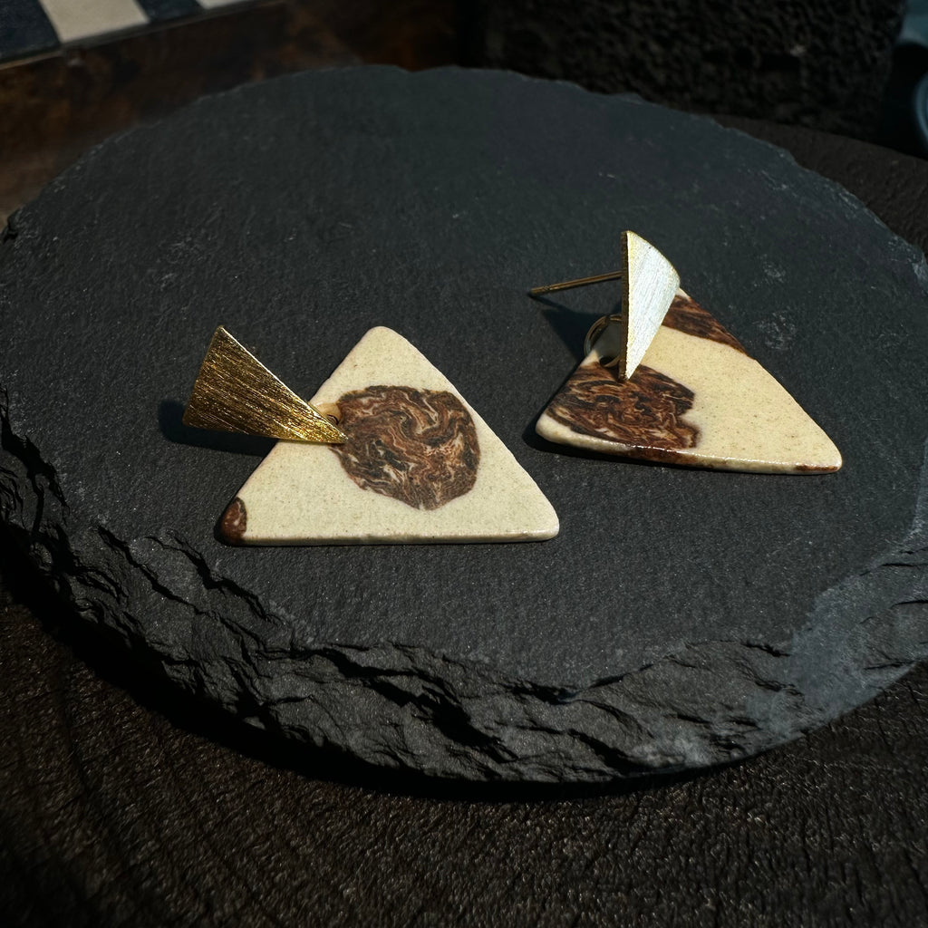 Triangle Nerikomi Ceramic Earrings – Rose Gold Marble