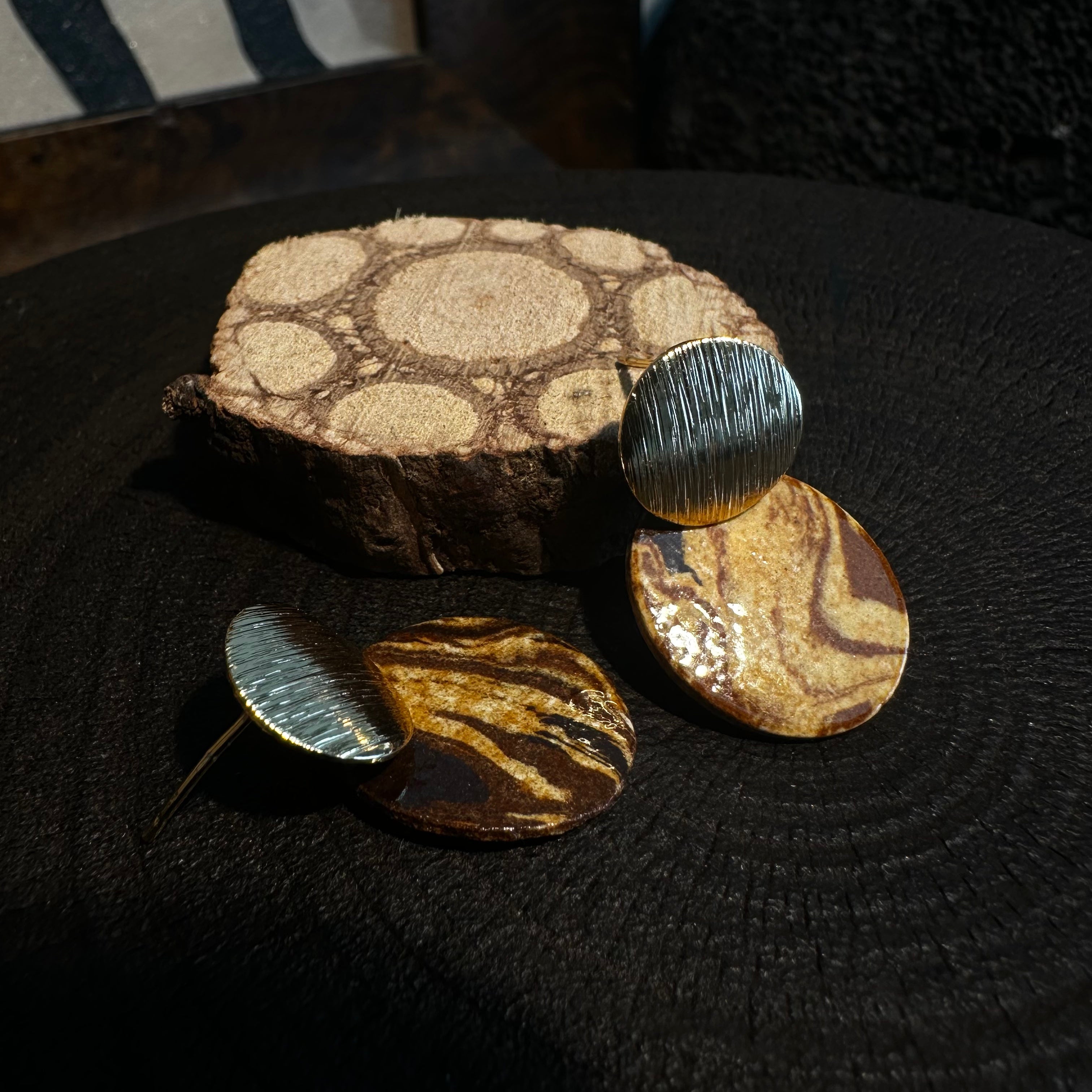 Artisan Nerikomi Ceramic Earrings – Gold Lined Circle Stud, Amber Oval Drop