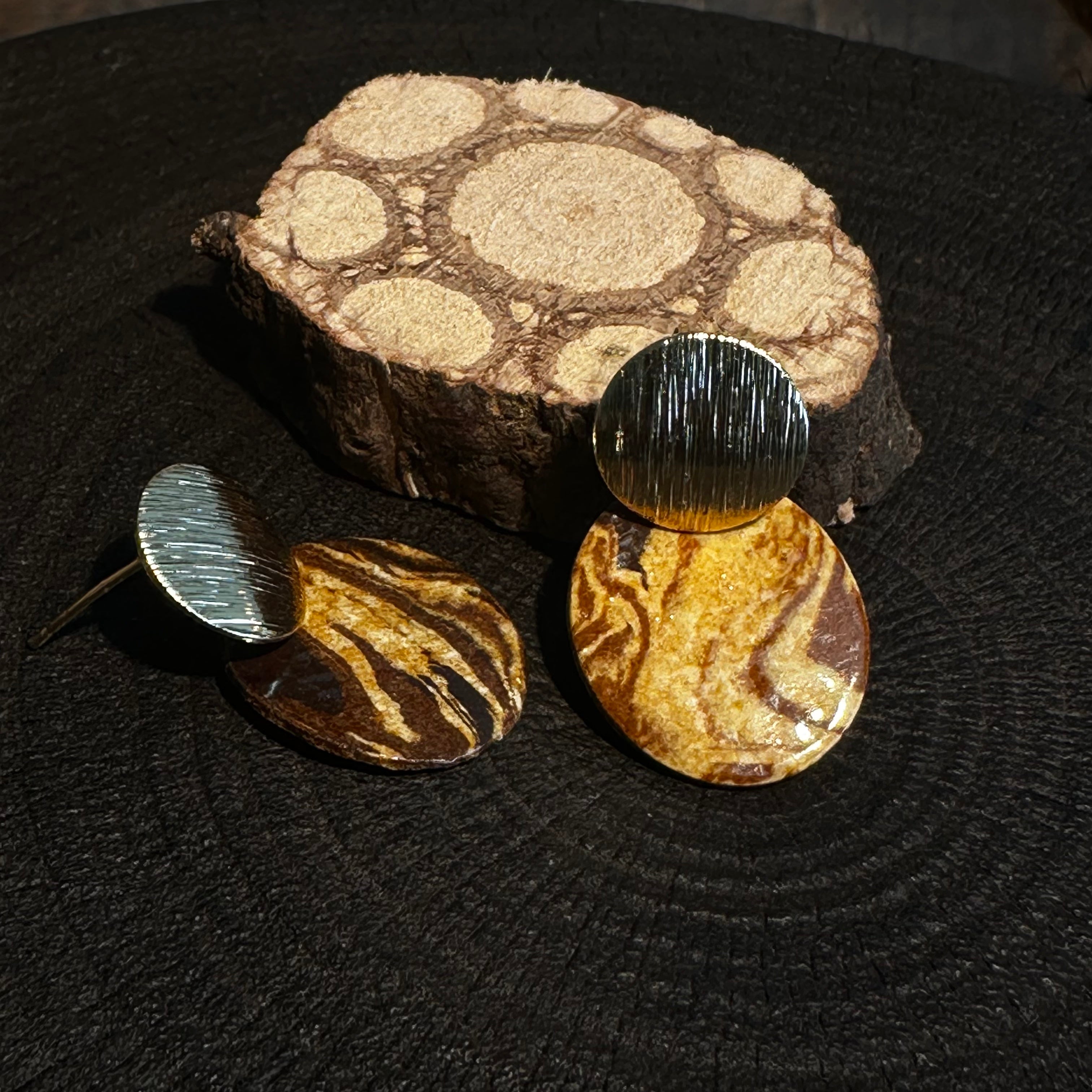 Artisan Nerikomi Ceramic Earrings – Gold Lined Circle Stud, Amber Oval Drop