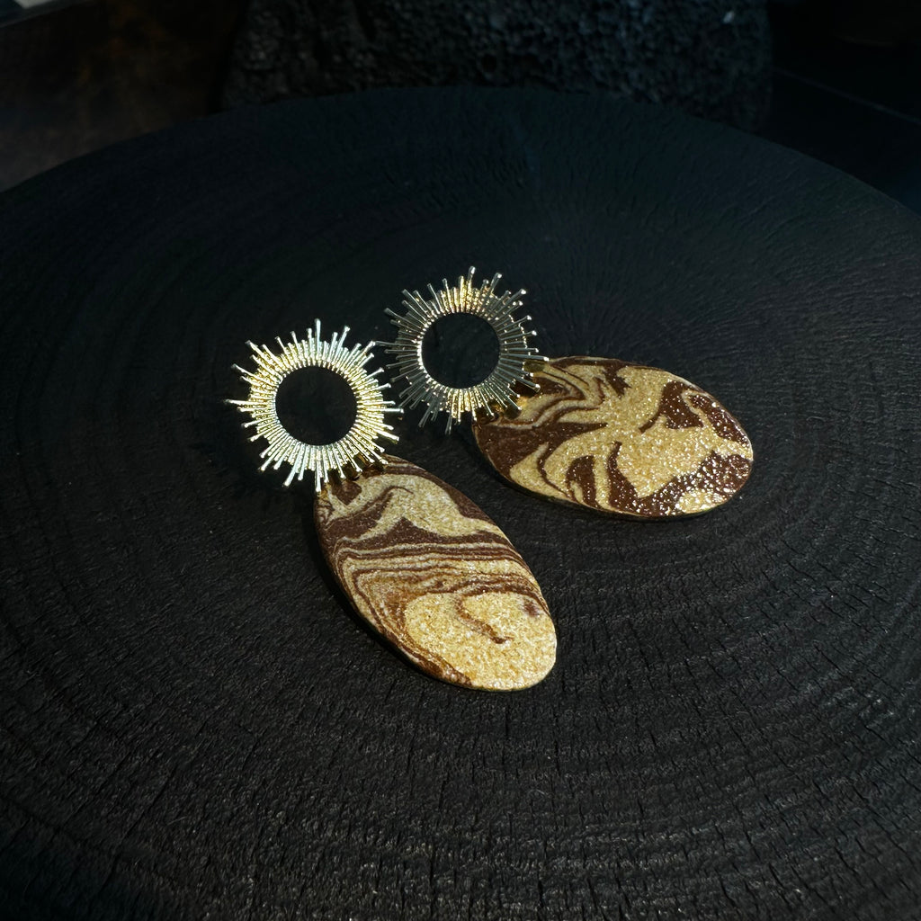 Artisan Nerikomi Ceramic Earrings – Gold Sun Stud, Oval Drop