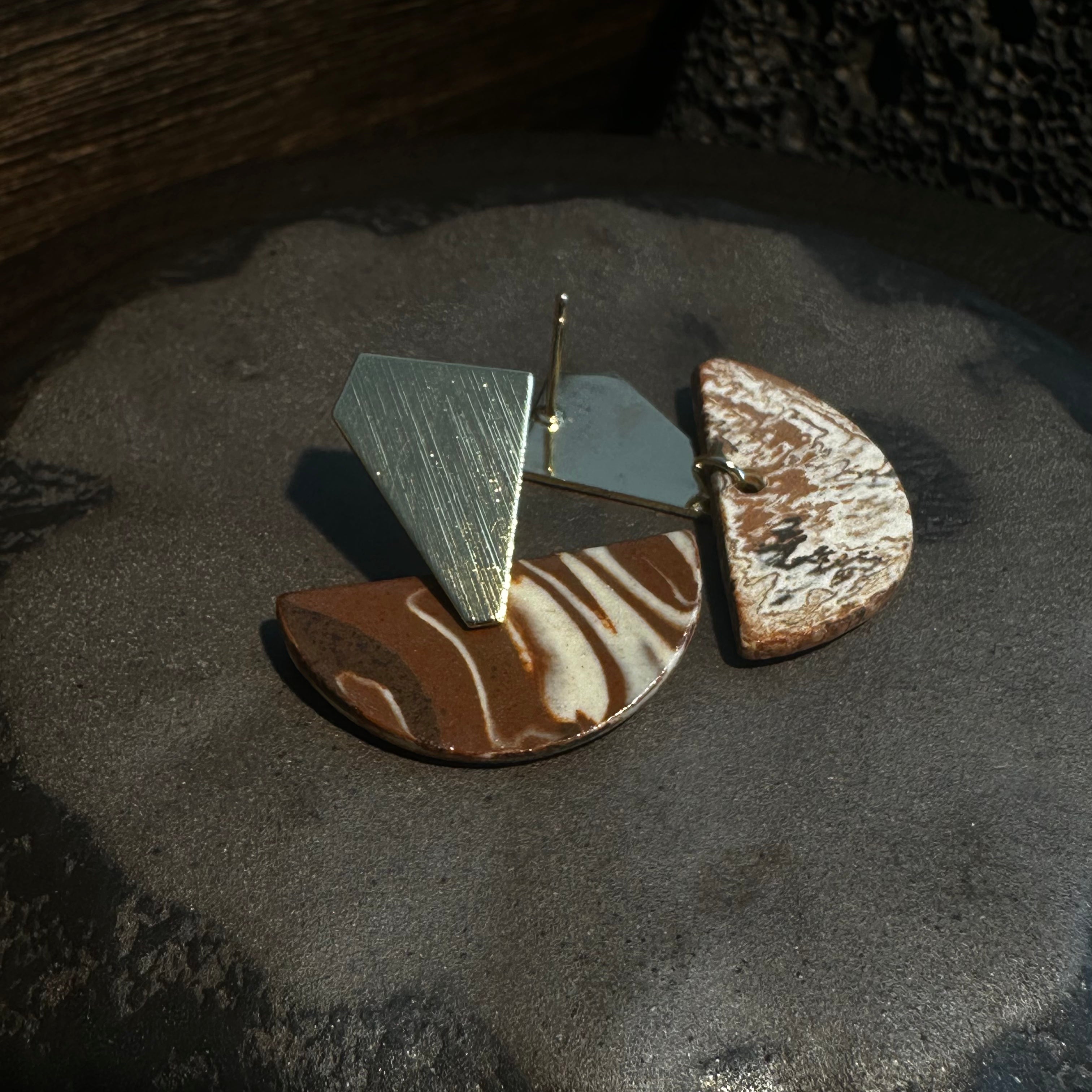 Artisan Nerikomi Ceramic Earrings – Gold Trapezoid Stud, Half-Moon Drop