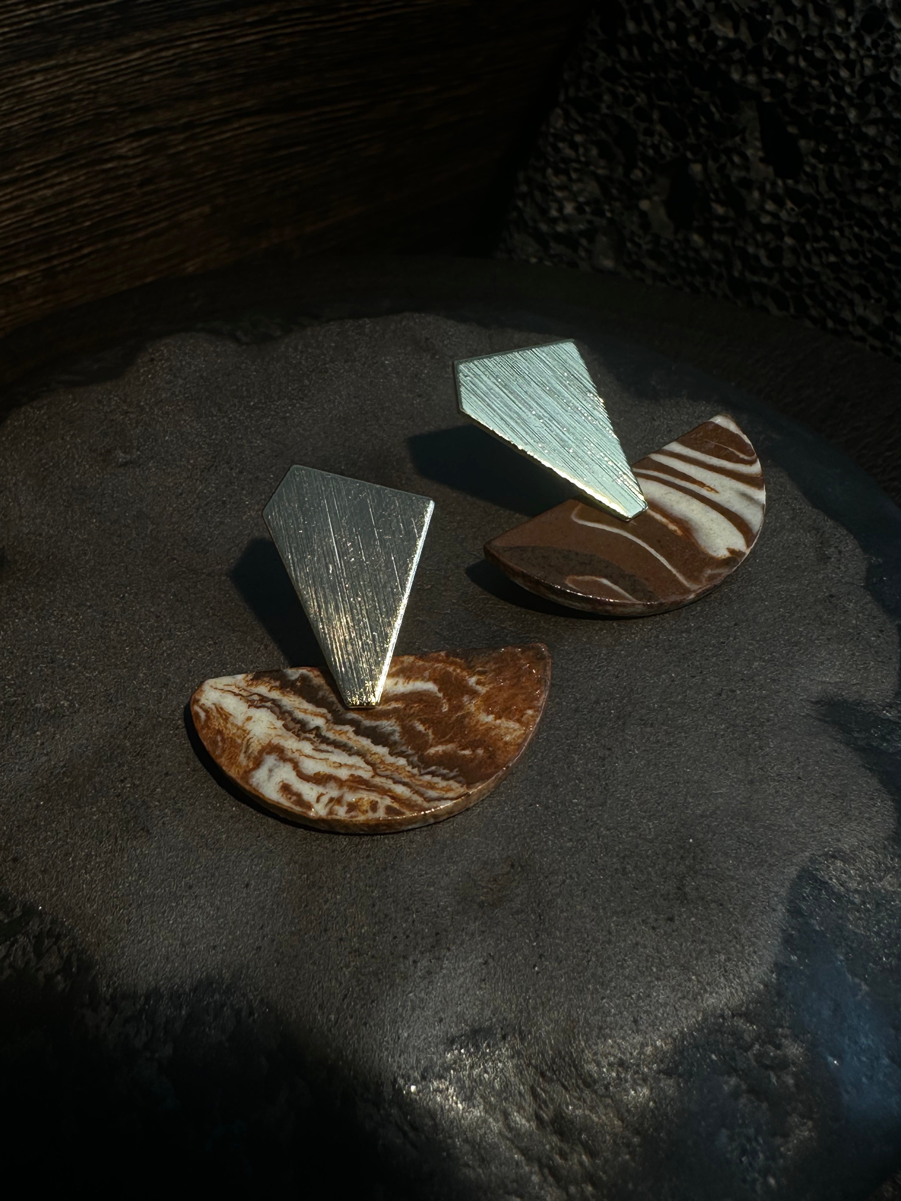 Artisan Nerikomi Ceramic Earrings – Gold Trapezoid Stud, Half-Moon Drop