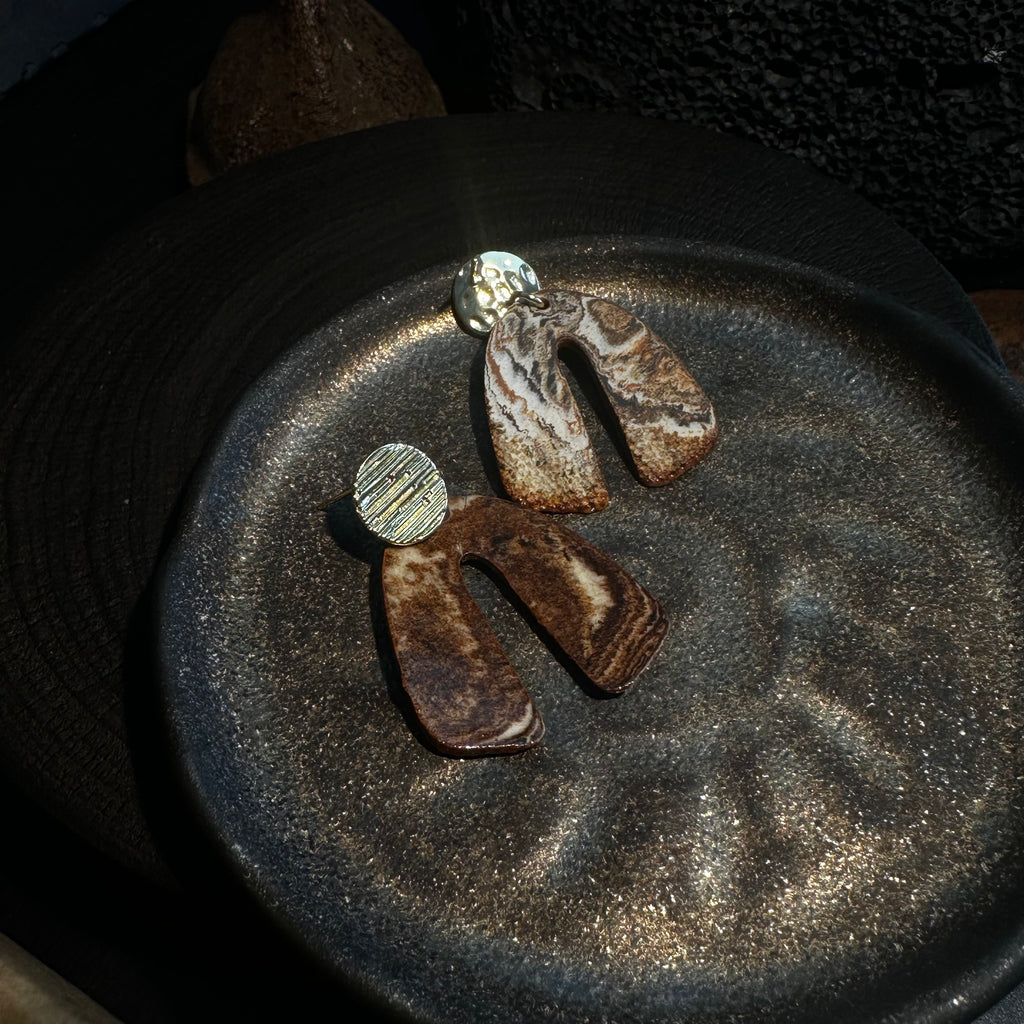 Artisan Nerikomi Ceramic Earrings – Gold Lined Circle Stud, Arch Drop