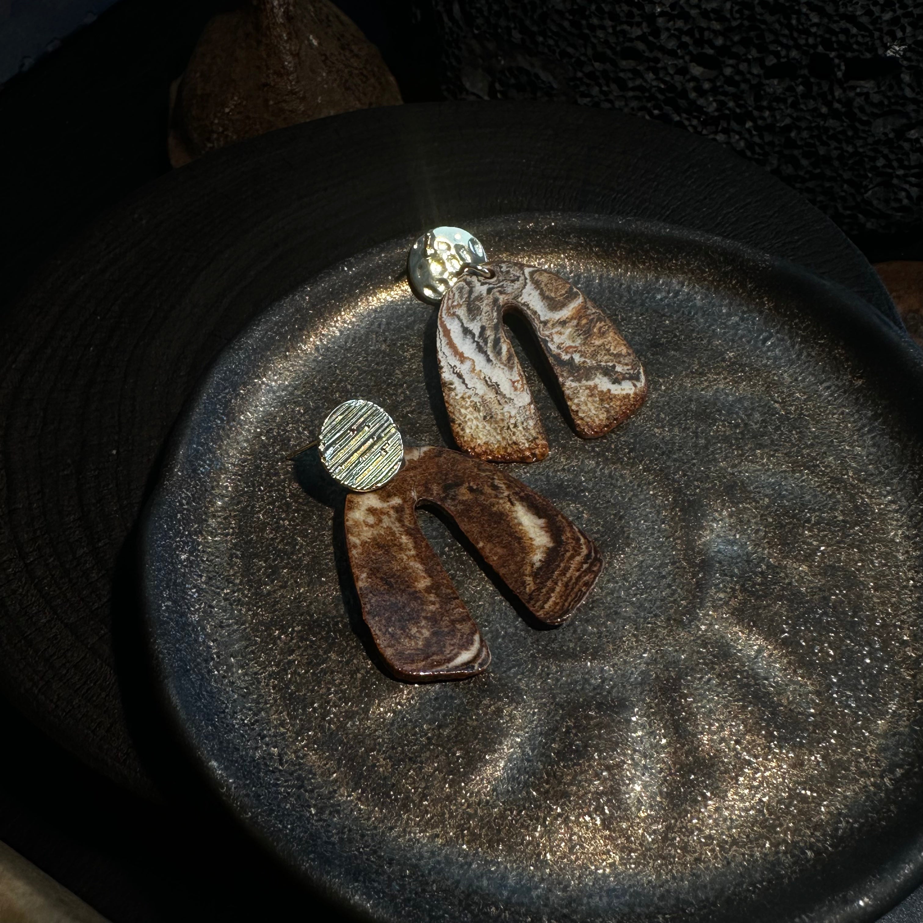 Artisan Nerikomi Ceramic Earrings – Gold Lined Circle Stud, Arch Drop