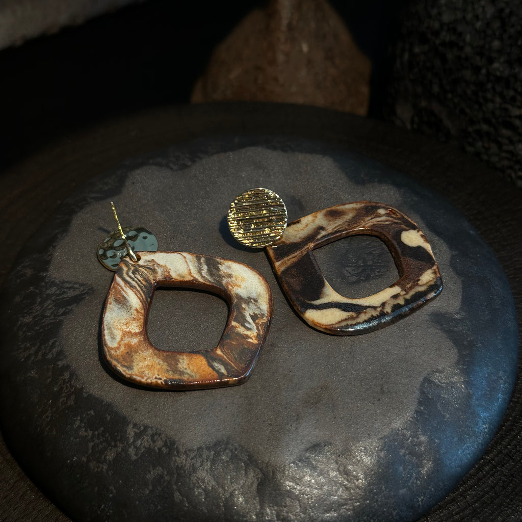 Artisan Nerikomi Ceramic Earrings – Gold Lined Circle Stud, Open Organic Diamond Drop