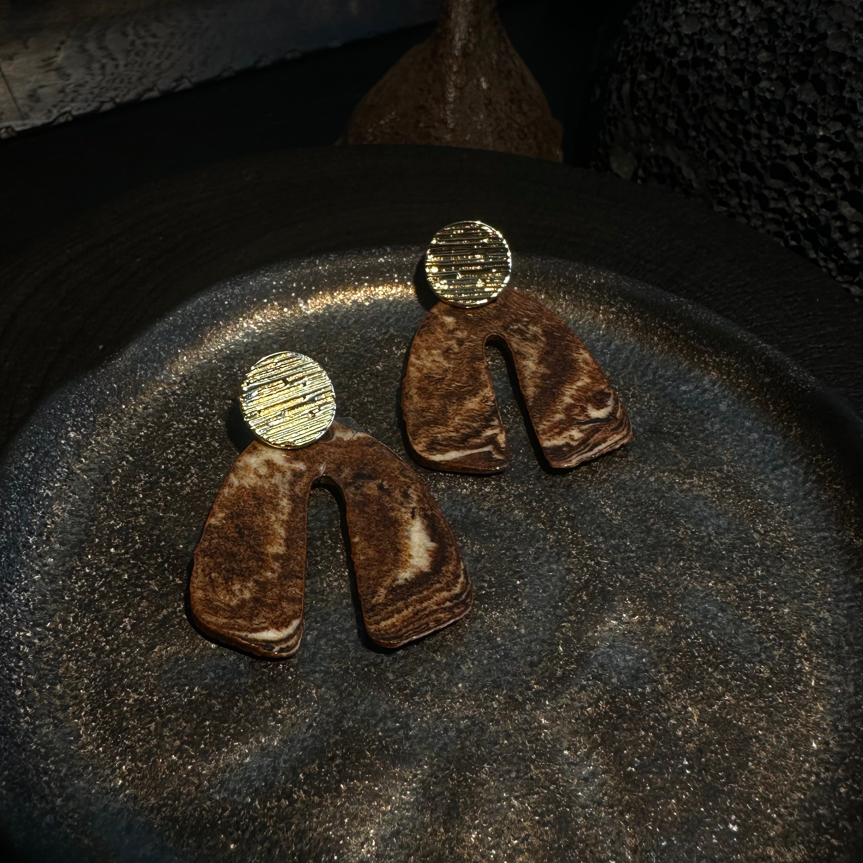 Artisan Nerikomi Ceramic Earrings – Gold Lined Circle Stud, Arch Drop