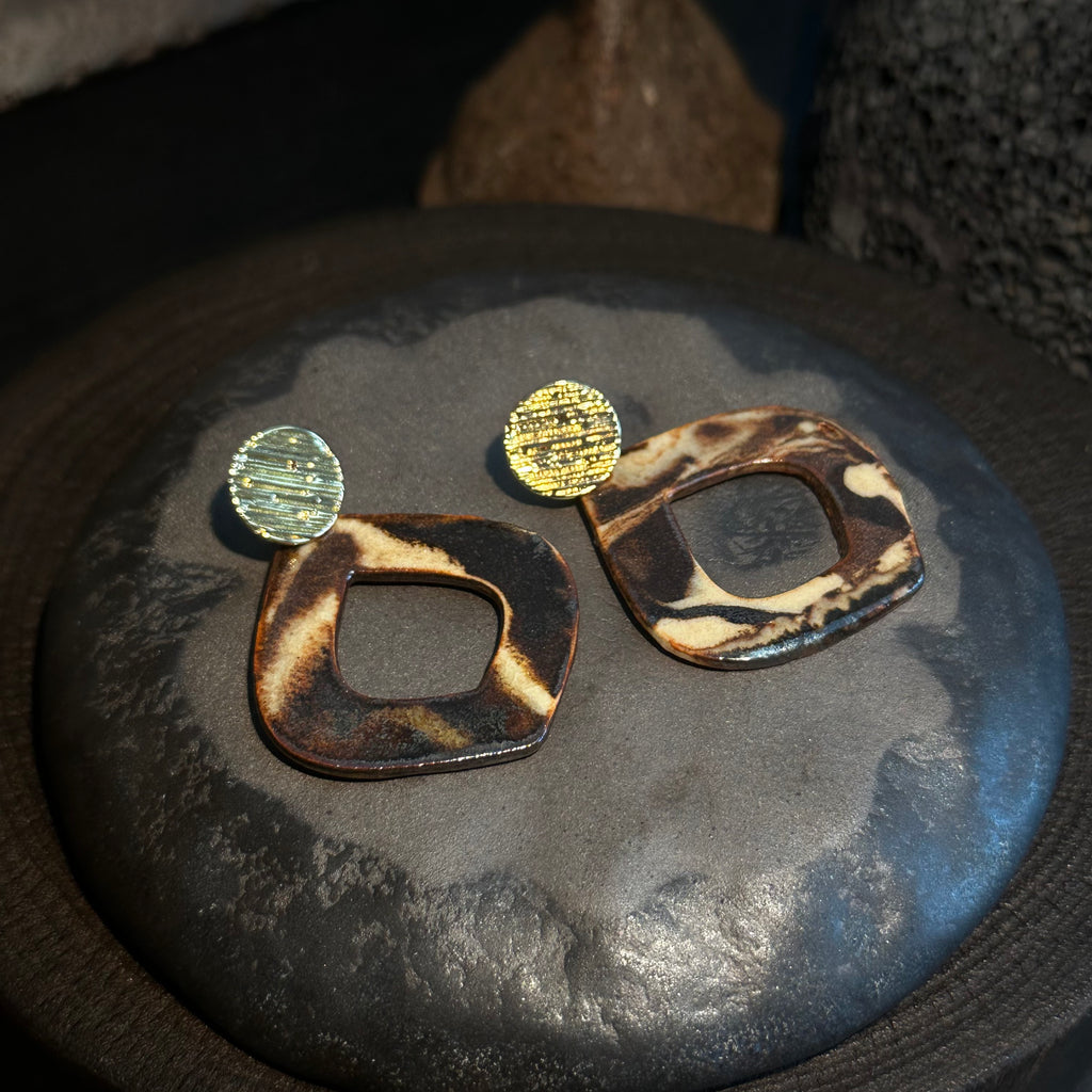 Artisan Nerikomi Ceramic Earrings – Gold Lined Circle Stud, Open Organic Diamond Drop